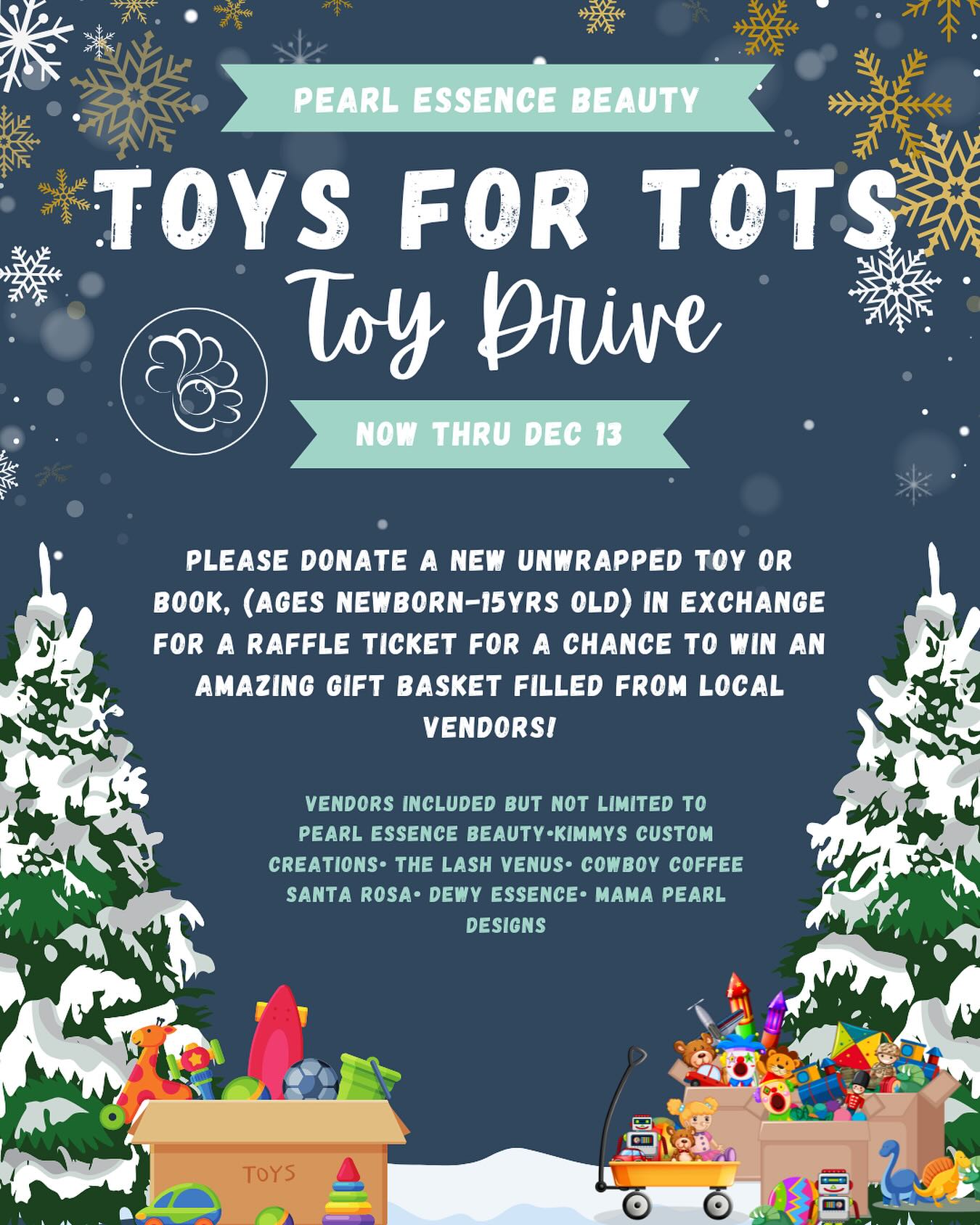 🎁✨ It’s Toy Drive season at Pearl Essence Beauty! ✨🎁
We’re collecting toys for Toys for Tots now through December 13th, and we’d love your help spreading holiday cheer! 💙
Bring in a new, unwrapped toy or book (ages newborn–15 years old) and receive ONE raffle entry per item so the more toys you donate, the more chances you have to win our amazing local-vendor gift basket! 🎟️🎁
Let’s come together as a community and make this season brighter for kids who need it most. 💫
Drop-offs accepted anytime during business hours!
#PearlEssenceBeauty #ToysForTots #HolidayGiving #SupportLocal #CommunityLove #RohnertPark #GiveBack #ToyDrive2025