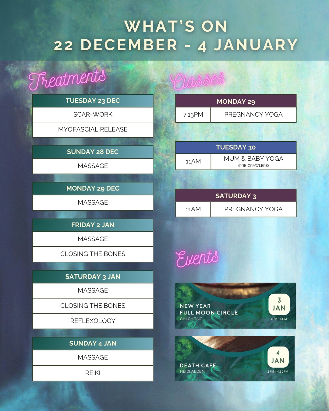 It's understandably quiet at Moon in the coming couple of weeks. However, you can find a seasonal sanctuary with us, with a selection box of treatments, classes and events.
Check out our bio to link through to more information and booking.