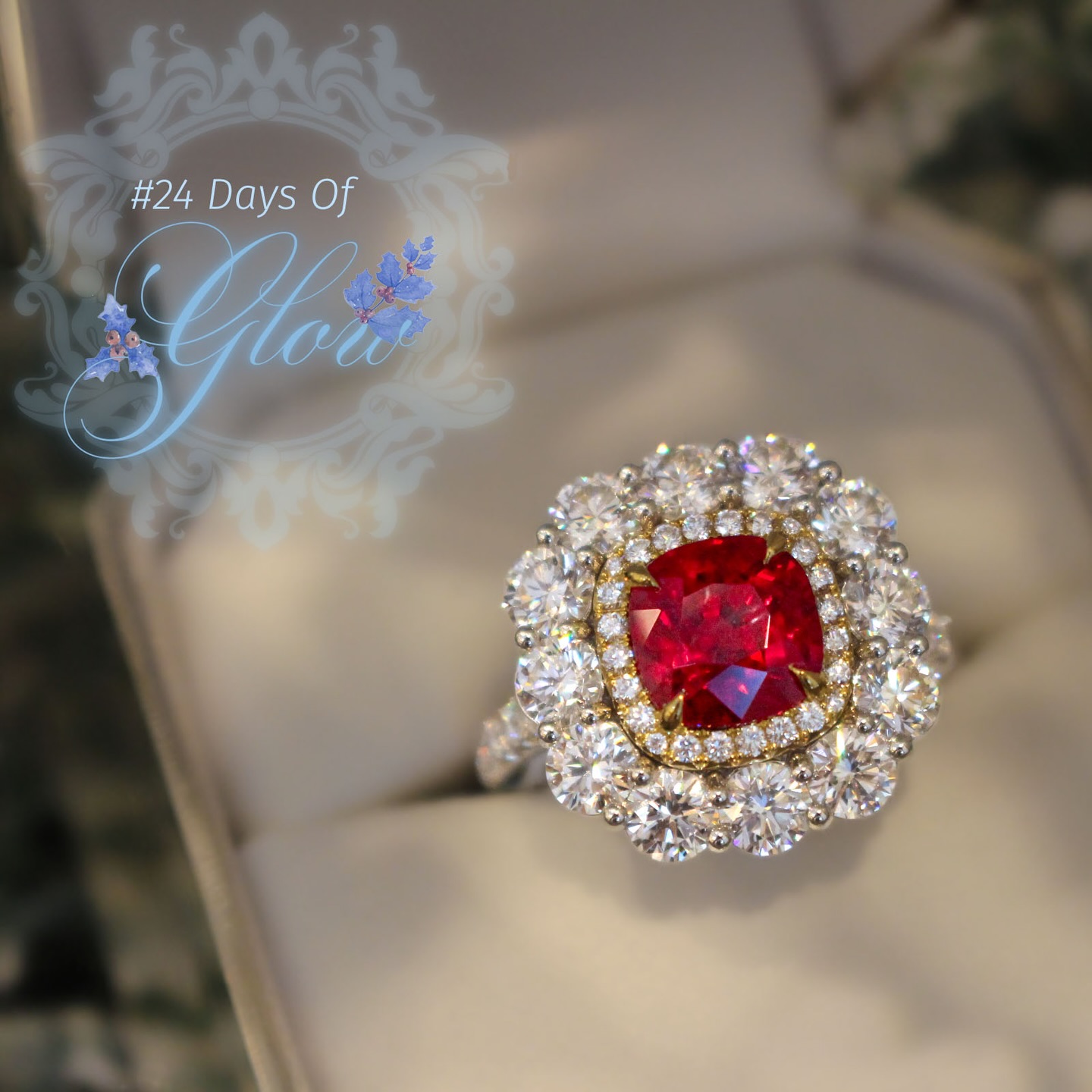 May your final evening of #24DaysofGlow, Christmas Eve, be filled with trinkets and baubles and Rubies aplenty. This 3.03 carat cushion Ruby is set in 18 karat Yellow Gold with a sparkly Diamond halo and an even juicier outer halo of big round brilliant Diamonds in Platinum. A ring this beautiful will help you shine like the star you are!
Thank you to all our Deja Darlings who sparkled alongside us for #24DaysofGlow 🎄Cheers to a jewelful holiday! 🌟
#jewelryadventcalendar #rubyring #jewelrygifts
