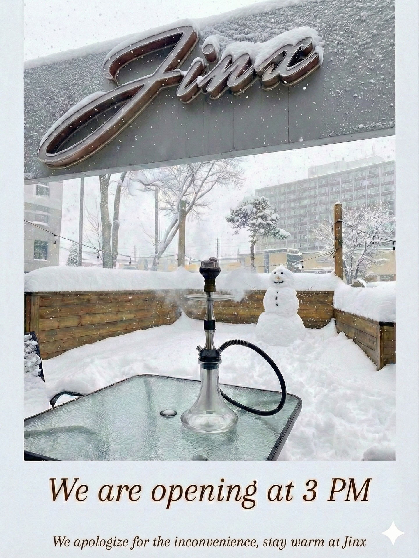 Due to snowfall, we will be open from 3pm onwards today.
Stay safe and enjoy your night at jinx..