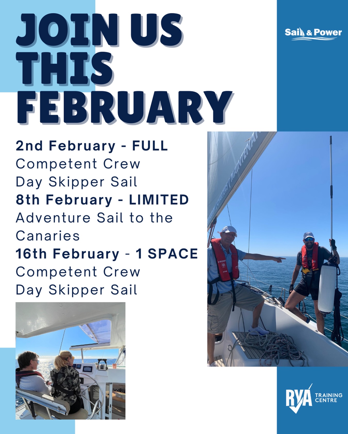 Set Sail with Us This February! ⛵️☀️
Ready to start your sailing adventure this February?!Contact us at info@sailandpower.es, register on our website, or send us a message on WhatsApp to learn more or express your interest.
Additional scheduling available upon request
📞+34621089785
📨info@sailandpower.es
🌐www.sailandpoweracademy.es
#sailingspain #sailingschoolspain #rya #ryaspain #learntosail