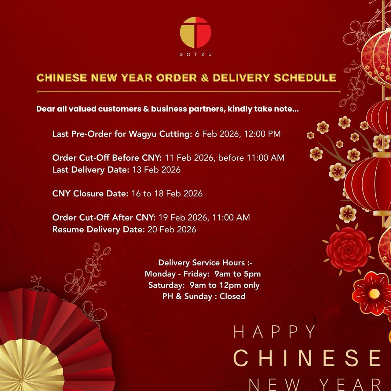 Dear Valued Customersâš
Kindly note our CNY 2026 closure schedule ð§§
âšð®Wishing you a joyful and prosperous Chinese New Year filled with good health, happiness, and abundance.
May the Year of the Horse bring you strength, success, and smooth journeys ahead ðâšð®