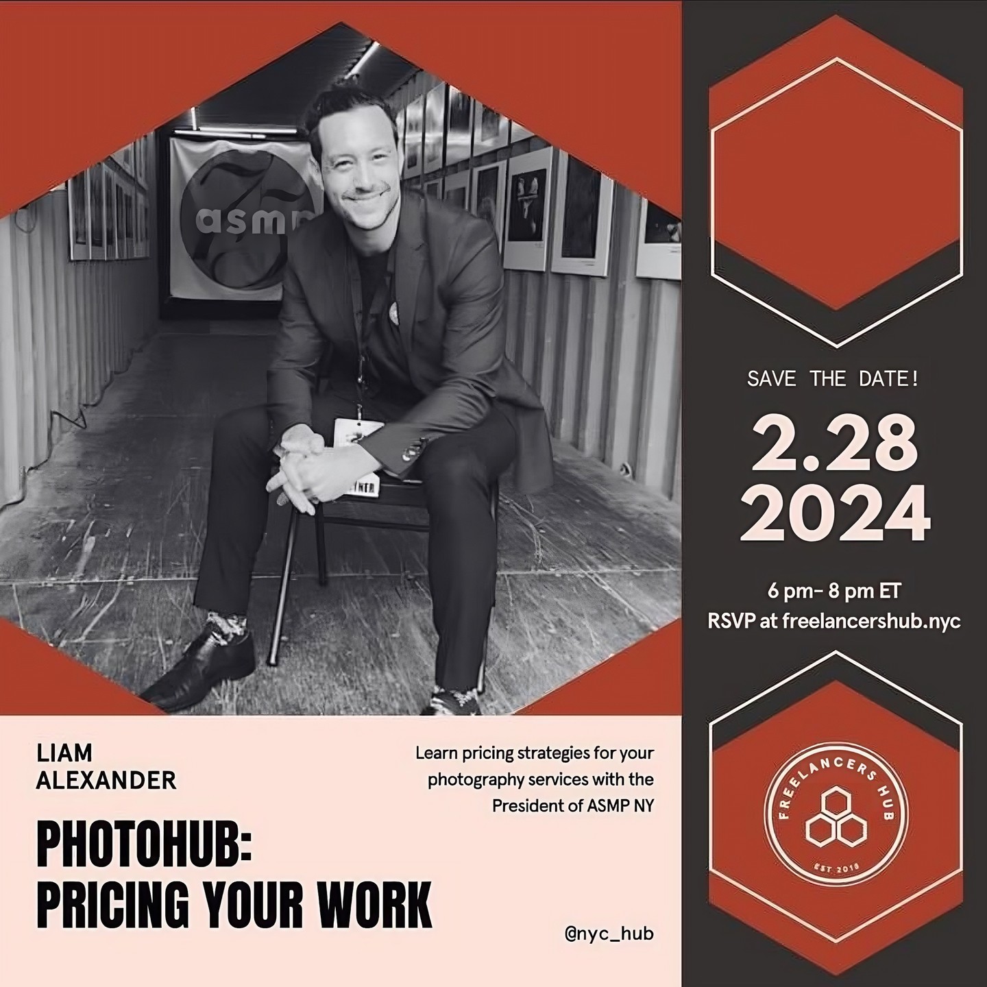 Finding the right amount to charge your clients for your photography products and services can feel like an impossible dance: Too much and you could lose a sale, too little and you’re undervaluing your work. On February 28, I'll share my rubric for how to go about setting a price on your work.
Sign up in the link below:
https://freelancersunion.org/hub/