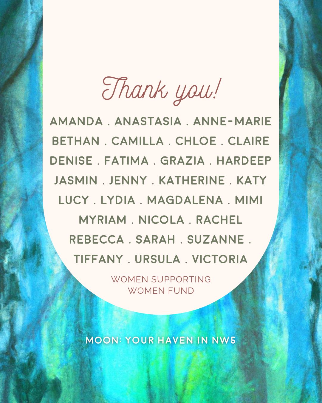Wow, wow, wow!
What an amazing response we've had to our plea for donations towards the Women Supporting Women Fund.
Thank you to all these lovely folk who donated in January. Thanks to you, eight women were able to access the support they wanted from Moon Women's Health.
However, unfortunately the waiting list continues to grow and is three months long at the moment.
Therefore, when you're booking a session at Moon and would like to support your community, please tick the box to add an additional £3 - it all adds up!
You can find more details about the fund, and donate directly via our bio.