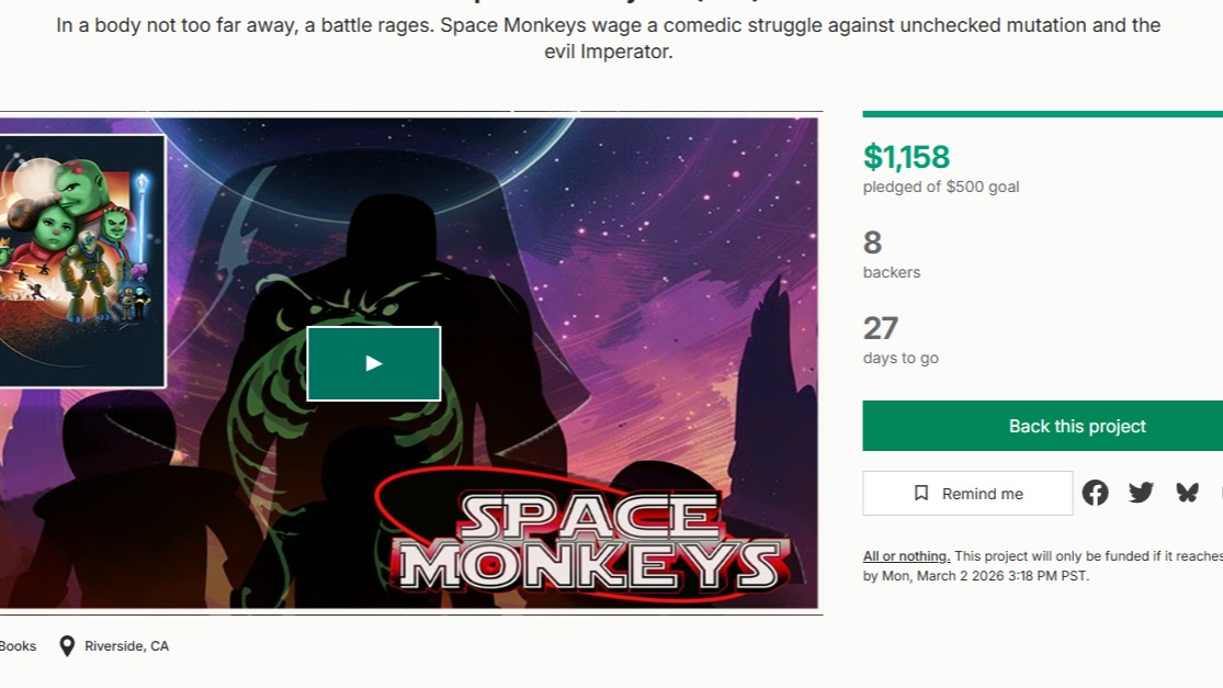 Hey everyone, just checked and we are up to almost 1200 bucks!!! We hit the first stretch goal
We've sold 127 copies of Space Monkeys with retail and pledges!!
click on the link below and get in on the action and thank you to you all!!!
https://www.kickstarter.com/proj.../dwhoward/space-monkeys-1
