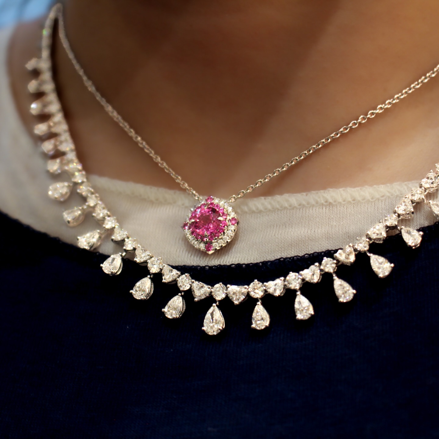 A little love in every detail 🤍 This tennis necklace alternates heart-cut and round brilliant Diamonds— like a playful dance between fun and traditional, the fancy shapes create the most lovely and delicate frame for the vivid Pink Sapphire necklace it’s styled with.
Whether it’s for someone special or yourself, let our Valentine’s sale (from now through the 14th) add a touch of romance to your day. Love, pretty gemstones, and delicious desserts in abundance! Have a fun jewel date at Deja & Co. on February 14th, 11AM to 6PM ❣️