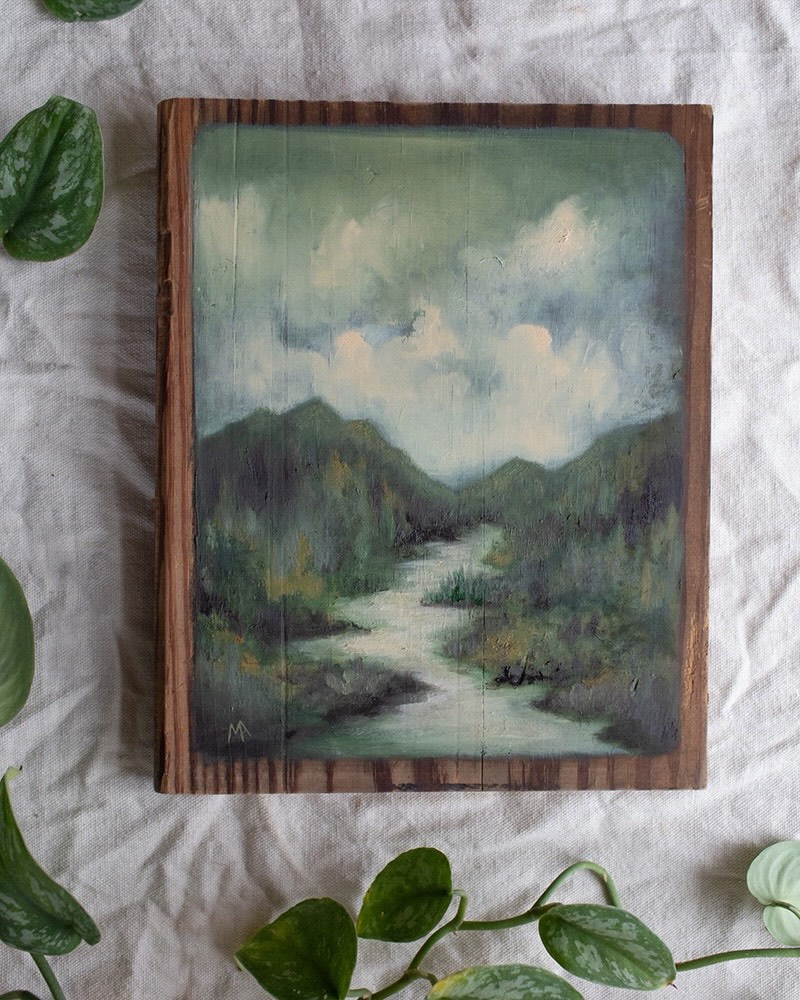 This piece is called Mountain River and is painted in oil pigments on a piece of the old stair treads from our 1947 cottage we renovated.
The dark aged wood creates a warmth that can’t be replicated. I realized that I paint a lot of streams, there is water in most of my pieces. I think water is calming to most of us and that is probably why I’m drawn to always including it in my landscapes.
It’s available @patinahomeandgarden in store in Leiper’s Fork or online!
#artforsale #landscapeoilpainting #painterly #natureatitsbest #fineart