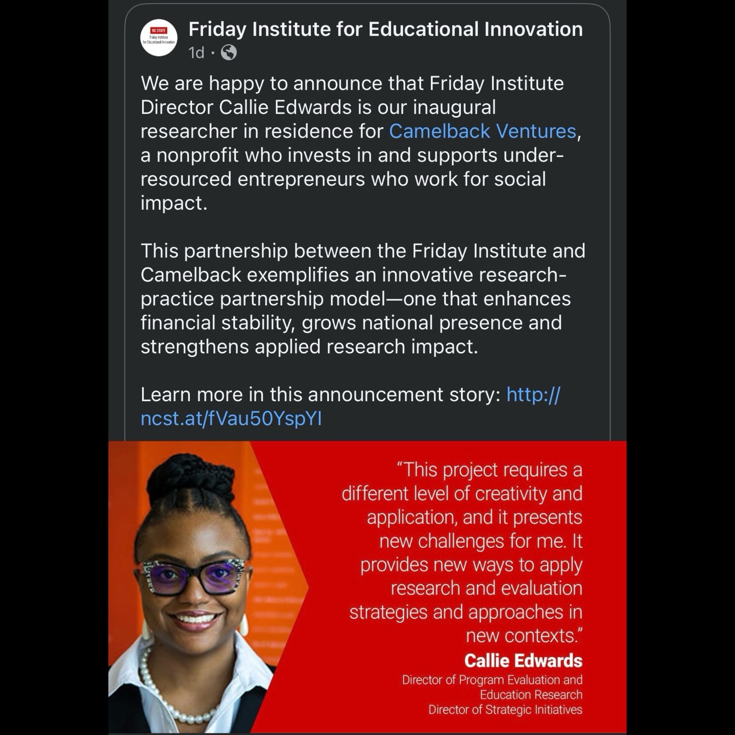 Grateful for the opportunity to advance #TranslationalResearch as the inaugural #ResearcherInResidence for @camelbackventures 🤓 🙏🏾
Thank you to the Camelback team for welcoming me to the #CamelbackFam and to my colleagues at the #FridayInstitute for being open to exploring new and creative partnership models. Excited for what we will learn and build together!
#ResearchPracticePartnerships