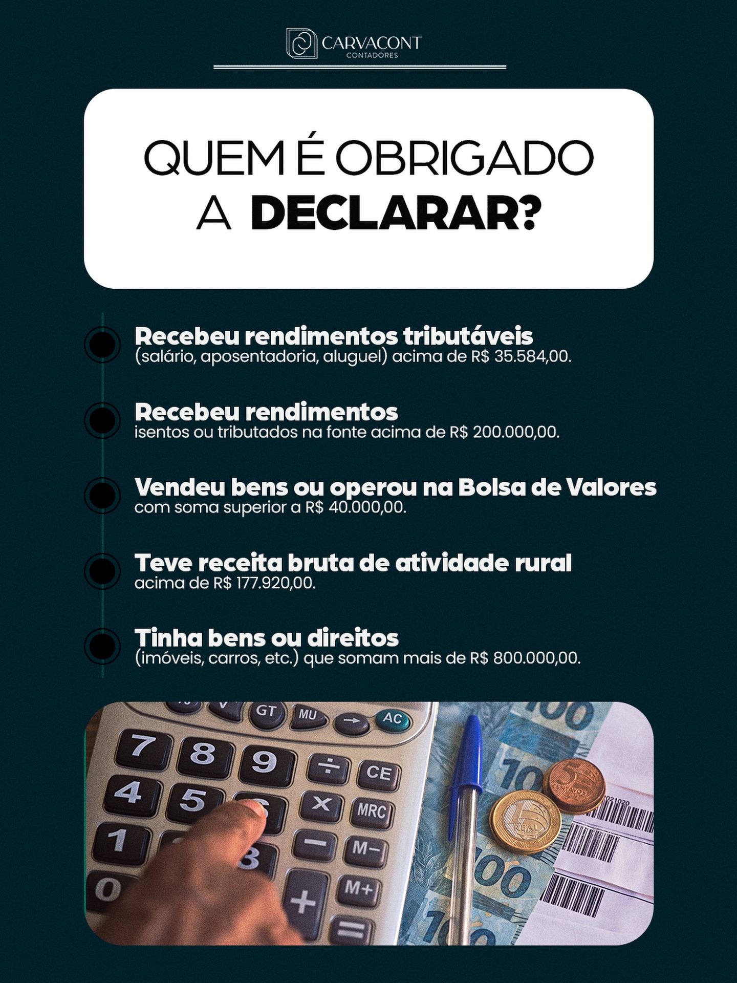 Você sabe se precisa declarar o Imposto de Renda este ano?
Confira os principais critérios de obrigatoriedade e não fique fora do prazo! ✅
Dúvidas? Fale com a gente!
#declaracaodeimposto #contabilidadeestratégica #contabilidade #