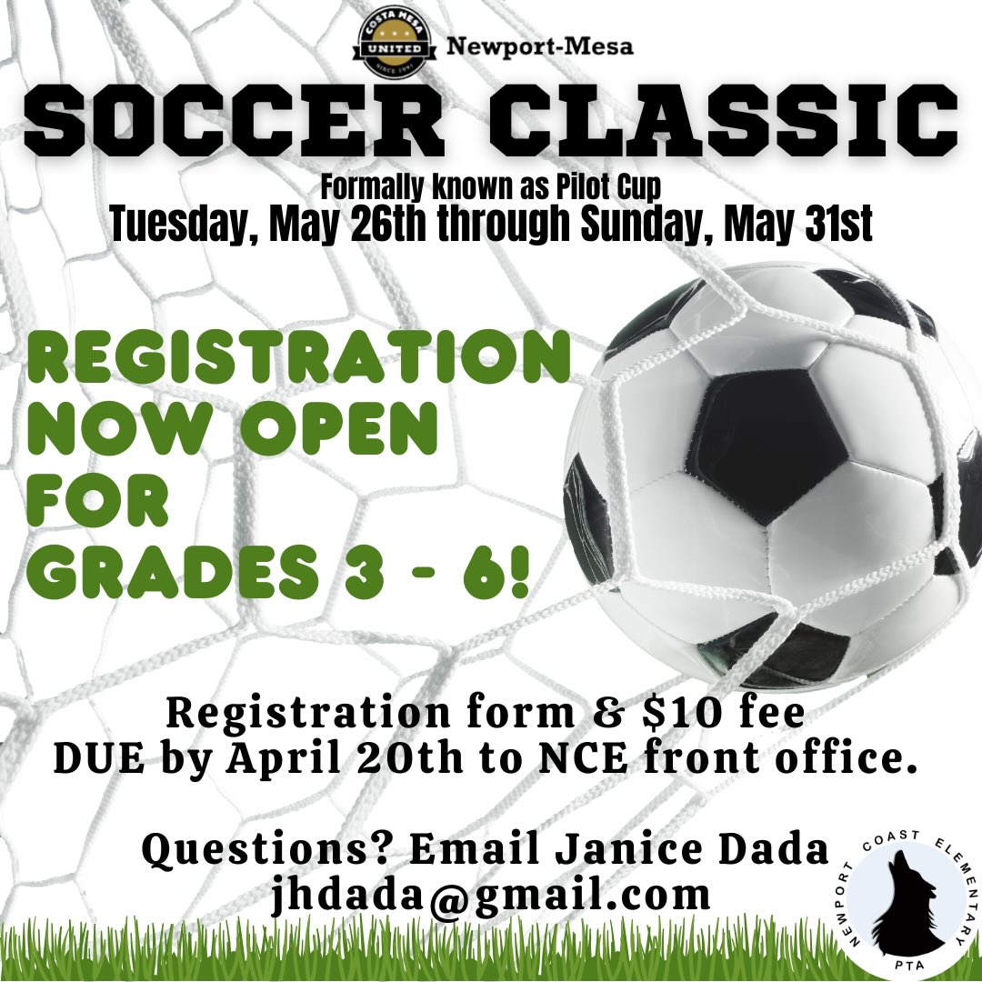 ⚽️🐺 Soccer Classic registration is now OPEN! 🐺⚽️
Calling all 3rd–6th grade Coyotes — it’s time to sign up for one of our favorite NCE traditions!
The Soccer Classic (formerly Pilot Cup) will take place Tuesday, May 26 through Sunday, May 31, and we can’t wait to cheer on our students.
📌 Registration form + $10 fee due by April 20
📍 Please turn in to the NCE front office.
⚽️🚨 Coaches Needed ASAP! 🚨⚽️
Our 3rd & 4th grade Soccer Classic teams need coaches in order to play this season!
This is a wonderful chance to support our students, build school spirit, and be part of a fun NCE tradition. No coach = no team, so we would love your help!
If you’re interested in coaching, please reach out to Janice Dada at jhdada@gmail.com.
Let’s make sure our Coyotes get on the field! 💙🐺⚽️
Questions? Please email Janice Dada at jhdada@gmail.com
Let’s go, Coyotes! 💙⚽️💚