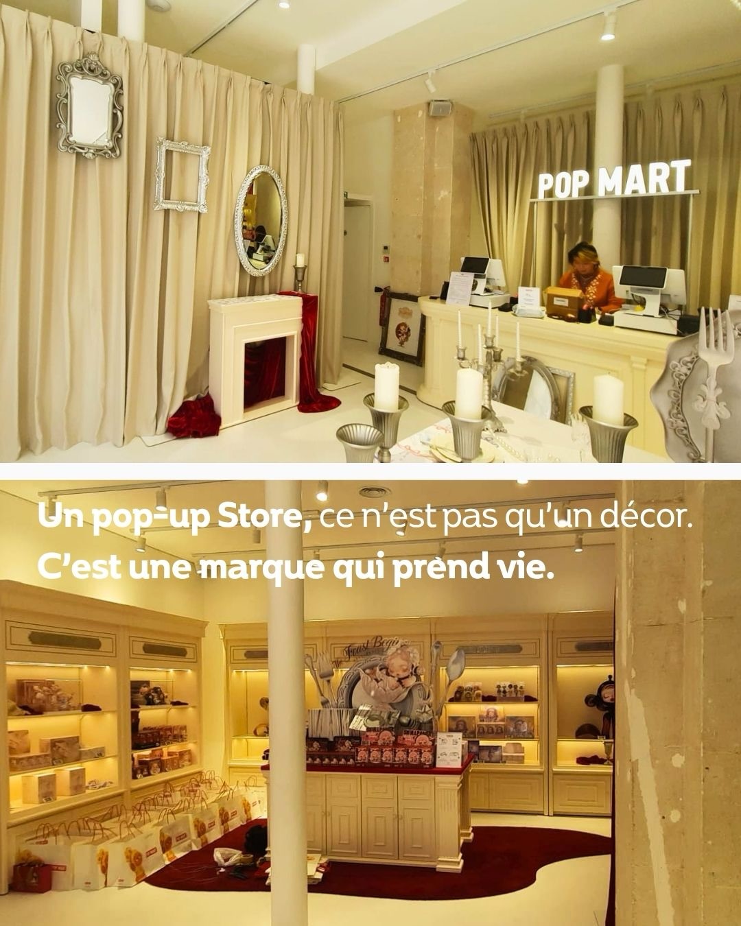 Un univers qui semble sorti de l’imaginaire ? 🧚♀️
Aujourd’hui, on vous emmène rue du Louvre, à Paris.
Ici, on entrait dans The Feast Begins, la série mise en scène autour de SKULLPANDA, l’un des personnages phares de @popmartfr
.
Et c’est aussi ce qui rend ce format si intéressant aujourd’hui. Un pop-up, ce n’est plus seulement un joli décor ou un lancement bien pensé.
C’est une façon de faire vivre un univers, de créer du lien “dans la vraie vie”, de faire venir, de faire parler… et de laisser une trace bien après la visite.
Sur ce projet, nous avons réalisé, sur environ 250 m² en 6 jours :
➡️ le montage et démontage du mobilier
➡️ l’électricité
➡️ le renfort des vitrines
➡️ la remise au propre de la cellule en fin d’opération
Ce qu’on aime dans ce type de réalisation, c’est justement ça : prendre une intention créative forte, très visuelle, très narrative… et lui donner une forme réelle, concrète, prête à vivre 😌!
💬 Vous imaginez ce type de projet pour votre marque ?