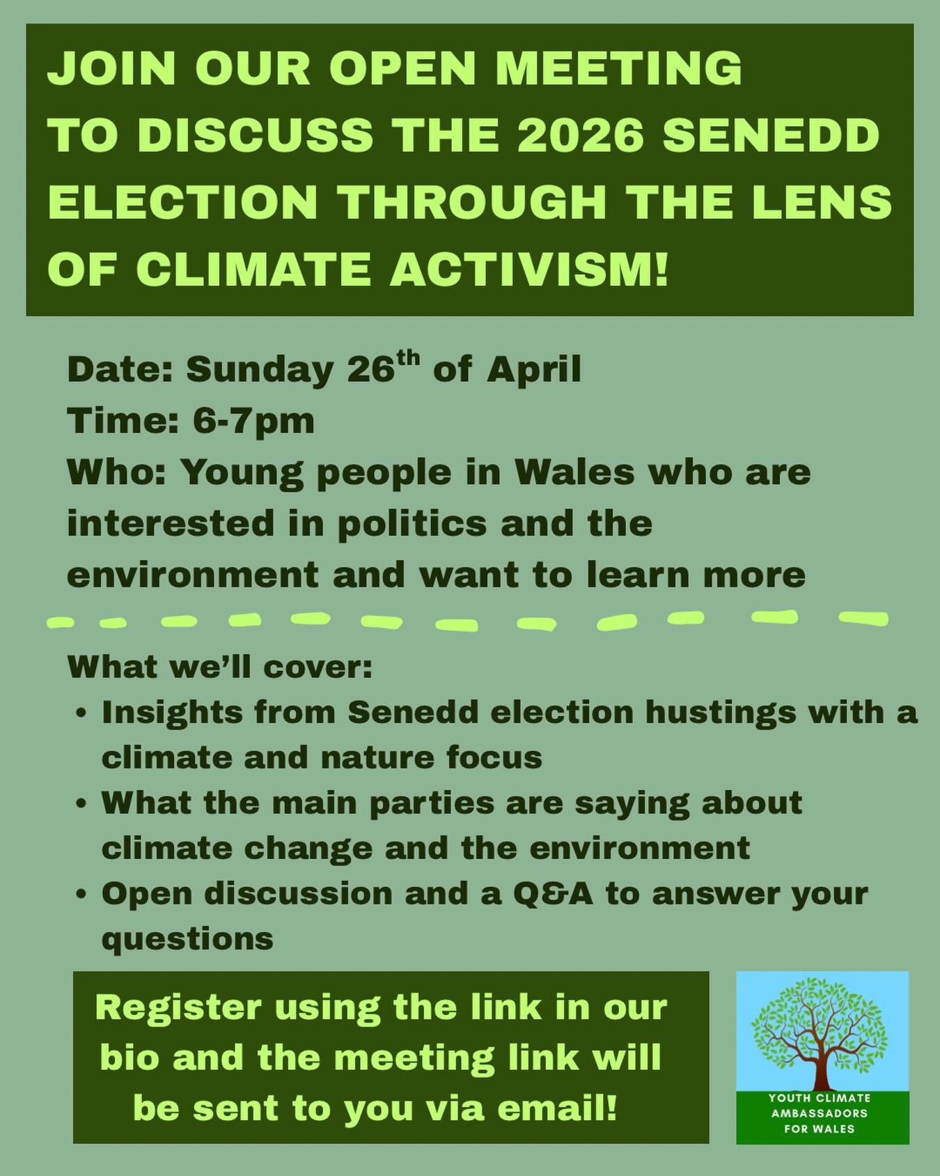 Curious about how the 2026 Senedd election links to climate action? 🌍
Join our open meeting for insights, discussion, and your chance to ask questions.
Sign up via the link in our bio! #youthclimateaction #climatecrisis #climatechange #senedd2026 #youngpeople