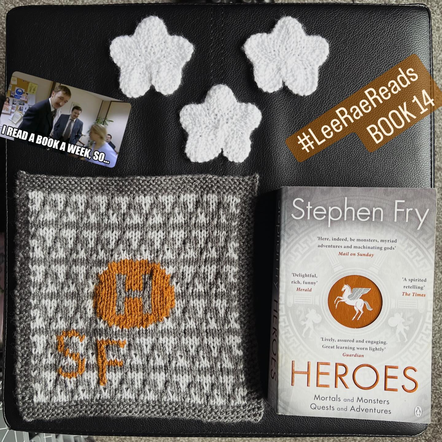 📕 BOOK 14 - Heroes by Stephen Fry
📖 Just as well written as Mythos, but the stories themselves are more repetitive. That’s just what happens when you stick so strongly to the source material, but that doesn’t stop it feeling a little tedious by the 378th trial. I am, however, now sufficiently hyped to read Troy soon.
3 stars ⭐️ ⭐ ⭐️
🧶 Knitting Notes: Tessellated T mosaic adapted from Lion Brand Yarn’s “Slip Stitch Mosaic Tote Pattern”. Improvised duplicate stitch details (because trying to plan a duplicate stitch pattern on a mosaic square is a fools game)
#LeeRaeReads #52Books1Year #biblioblanket @lee_raerae #knittersgonnaknit #reading