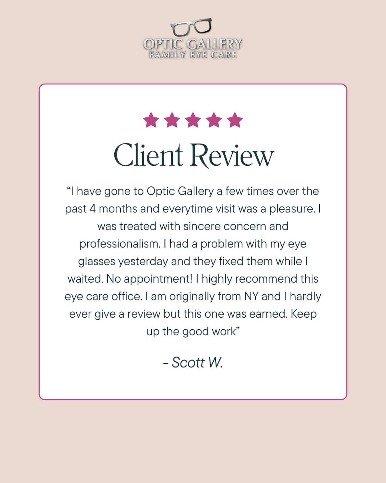 We’re so grateful for patients like Scott who trust us with their eye care. From routine visits to quick fixes—our goal is always to make every experience easy, comfortable, and taken care of.
No appointment? No problem. We’re here when you need us 👓✨
#OpticGallery #EyeCareExcellence #PatientCare