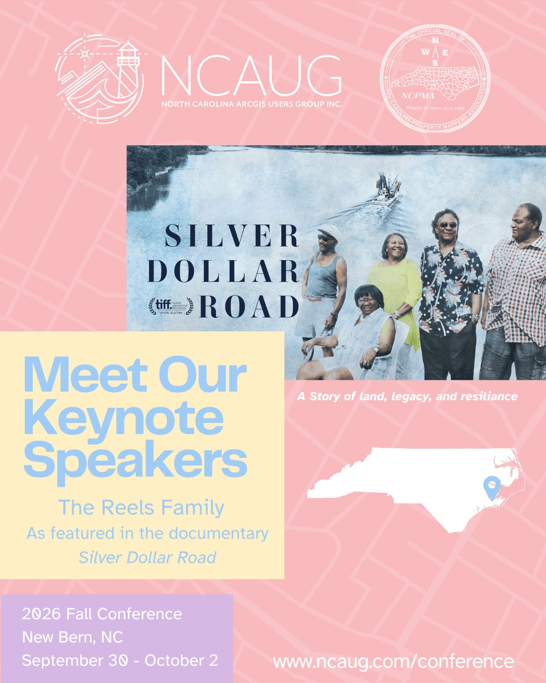 We are honored to welcome the Reels Family as keynote speakers for the NCAUG + NCPMA Fall Conference in New Bern, NC!
Their story - featured in the documentary Silver Dollar Road - is a powerful reflection on land, legacy, and resilience, and a reminder of how place and history shape our communities. Their experience brings a meaningful perspective on the real-world impact of land records, property boundaries, heir's property, and documentation accuracy. This presentation strongly aligns with the mission of mapping professionals and highlights the human impact behind the systems we manage.
Add Silver Dollar Road to your watch list immediately!
You don't want to miss this presentation!! Early bird registration opens on May 18th.
๐ New Bern, NC | Sept. 30 โ Oct. 2