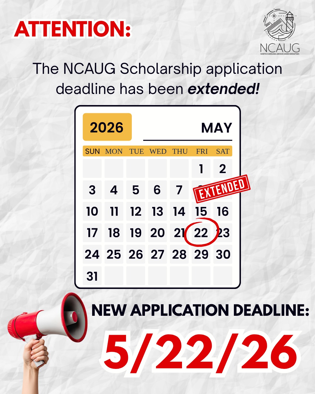 ๐โจ DEADLINE EXTENDED! โจ๐
Thereโs still time to apply for the 2026 NCAUG Scholarship!
North Carolina university and community college studentsโdonโt miss this opportunity for funding, professional exposure, and conference experience.
๐
New deadline: May 22, 2026
๐ Apply now: ncaug.org/scholarship
#NCStudents #ScholarshipOpportunity #FutureLeaders #CollegeLife #GradSchool #TransportationProfessionals