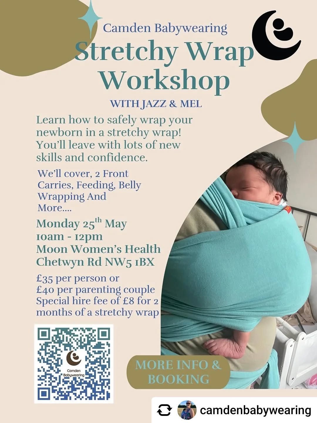 Stretchy Wrap Workshop
⌚️Monday 25th May, 10am - 12pm
📍Moon Women’s Health NW5 1BX
✨Do you have a small baby who’s 0-4 months?
✨Or are you pregnant?
✨Do you want to learn how to wrap your baby in one of them stretchy wraps?
✨ Or feeling overwhelmed by the thought of using a longggg bit of fabric?
Then this workshop is for you!!
In a small group we’re going to learn some amazing skills and you’ll leave feeling like supermum/dad! Having face to face support can flatten the learning curve and help to build your confidence.
We also have the added pleasure of Fabulous Mel from Wrap a Hug Sling Library who will be coming along to help on the day!
💷£35 per person or £40 per parenting couple, spaces are limited. Hire fees applicable if you want to hire a stretchy wrap at the discounted rate of £8 for a 2 months hire.
Spaces are limited. Book now to avoid disappointment.
More info & booking via Moon, link in bio
DM @camdenbabywearing if you have any questions!