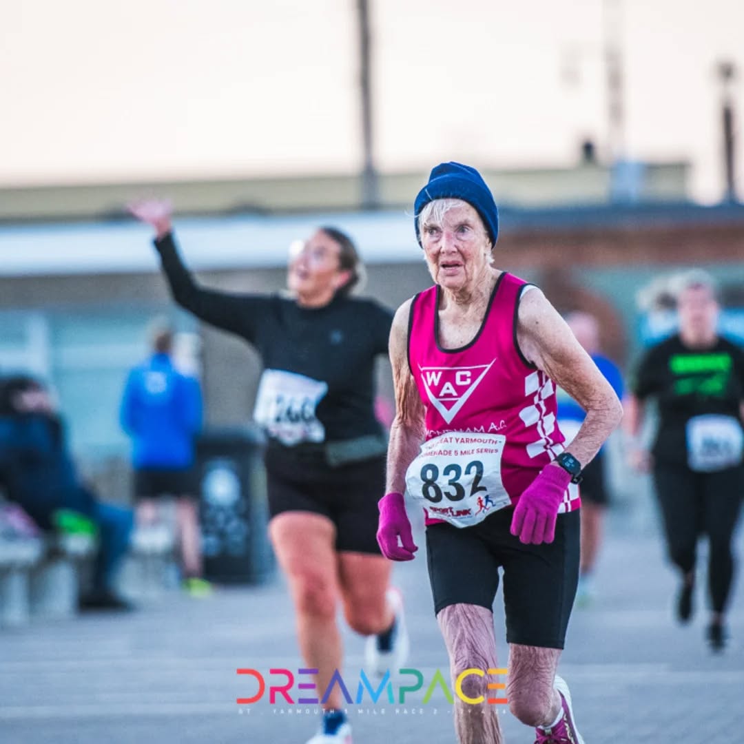 A huge shout out to WAC legend Eva Osborne, who not only won the V75 age category at Great Yarmouth Road Runners 5 miler this week but smashed our club W85 record and the British record 🇬🇧.
Eva is one of our founding memories and is an inspiration to everyone at Wymondham AC. Congratulations Eva!