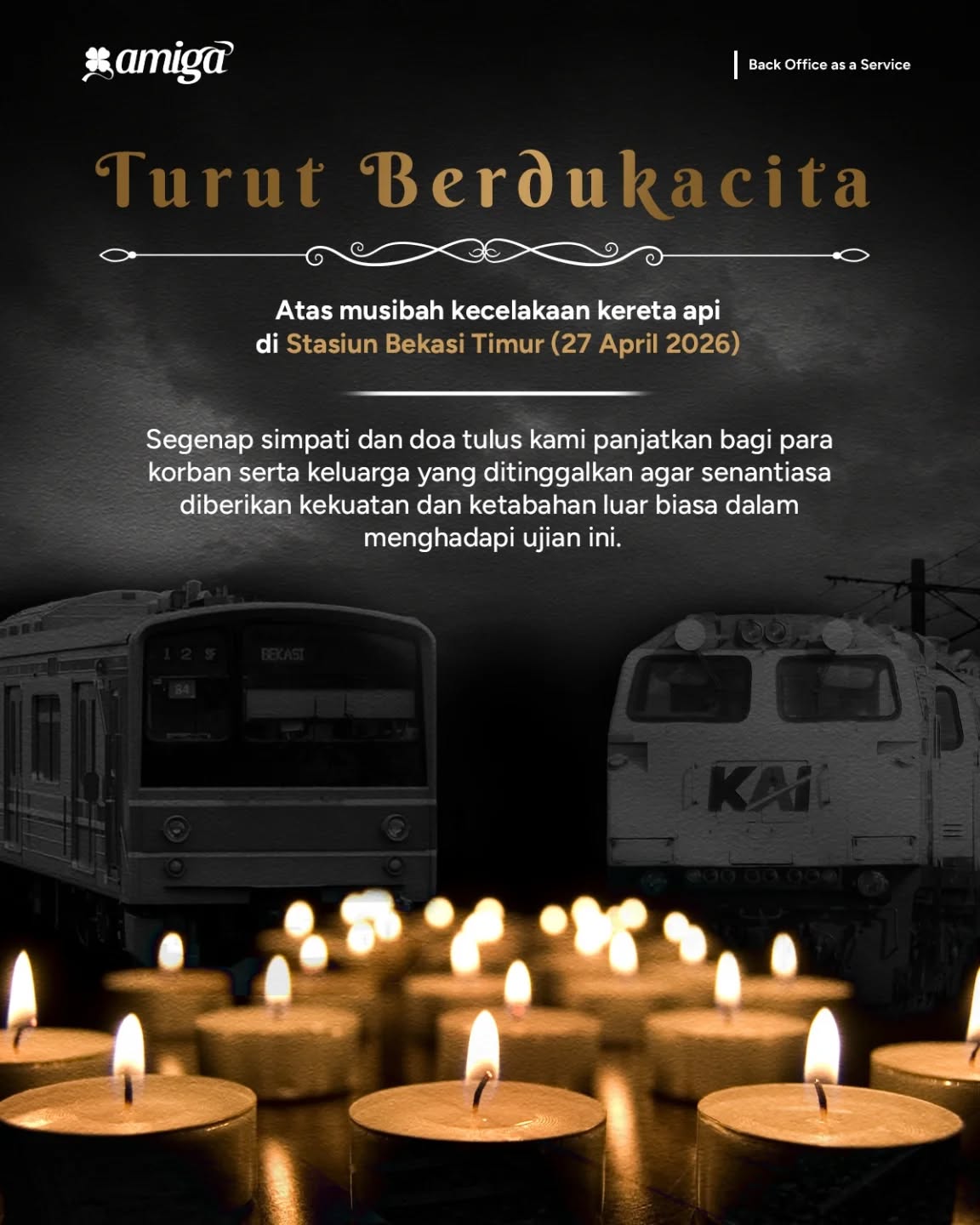 Turut berduka cita yang sedalam-dalamnya atas musibah kecelakaan kereta api di Bekasi Timur pada 27 April 2026.
Peristiwa ini menjadi duka bagi kita semua. Semoga para korban mendapatkan tempat terbaik di sisi-Nya, dan keluarga yang ditinggalkan diberikan kekuatan, ketabahan, serta keikhlasan dalam menghadapi ujian ini.
Mari kita kirimkan doa terbaik dan dukungan untuk mereka yang terdampak. Semoga keadaan segera membaik dan semua pihak yang terlibat diberikan perlindungan serta keselamatan. 🤍🕊️
#prayforbekasi #stasiunbekasitimur #keretaapi