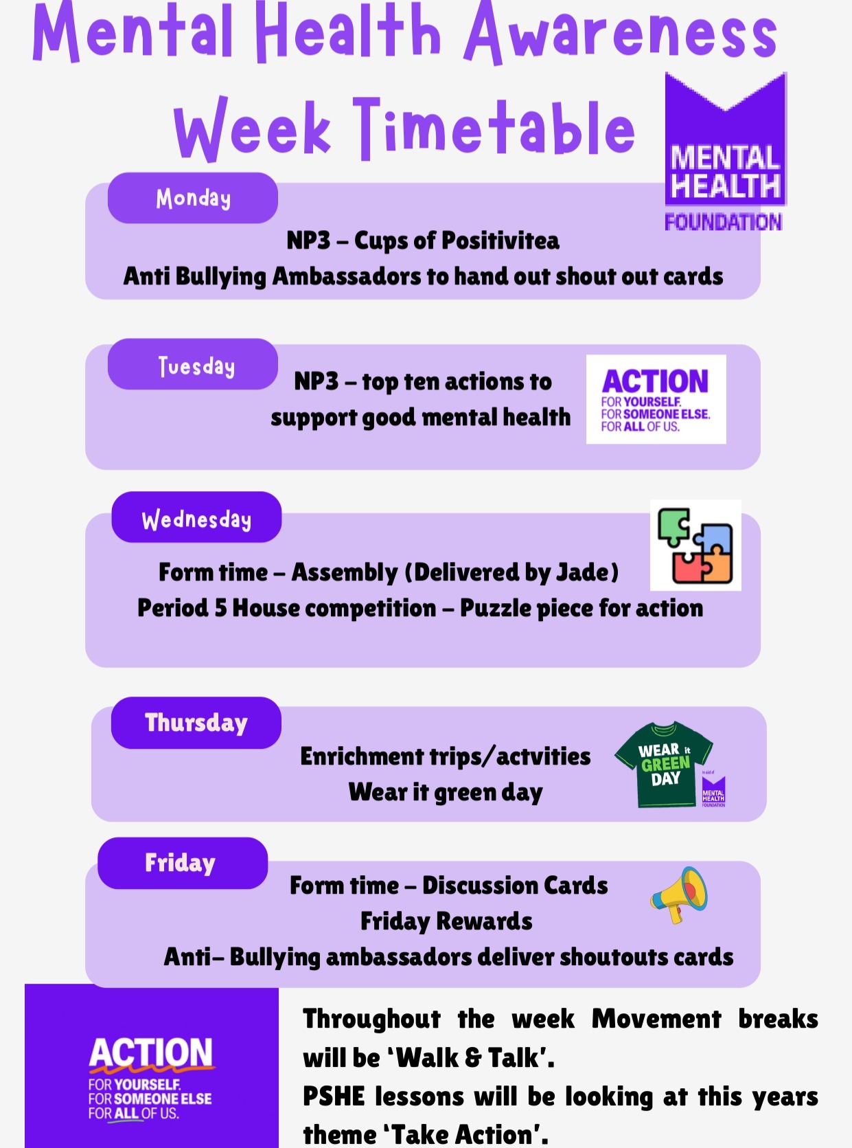 🌿 Mental Health Awareness Week at INWS
We’ve had a busy week following our Mental Health Awareness Week Timetable! This year’s theme from the Mental Health Foundation is 'Take Action', focusing on practical steps for well-being.
📅 This Week’s Highlights
Monday & Tuesday: We shared 'Cups of Positivitea' and explored the top ten actions for good mental health.
Wednesday: Today included a special assembly and a House competition focused on taking action.
Daily: Students are taking 'Walk & Talk' movement breaks and discussing mental health in PSHE.
💚 Wear It Green Day: Tomorrow
Thursday is Wear It Green Day! Please wear something green to support the Mental Health Foundation and help fund vital mental health research and prevention.
🚀 Finishing Strong
On Friday, we conclude with Discussion Cards, Friday Rewards, and final shout-outs from our Anti-Bullying Ambassadors.
#MentalHealthAwarenessWeek #TakeAction #WearItGreen #INWS