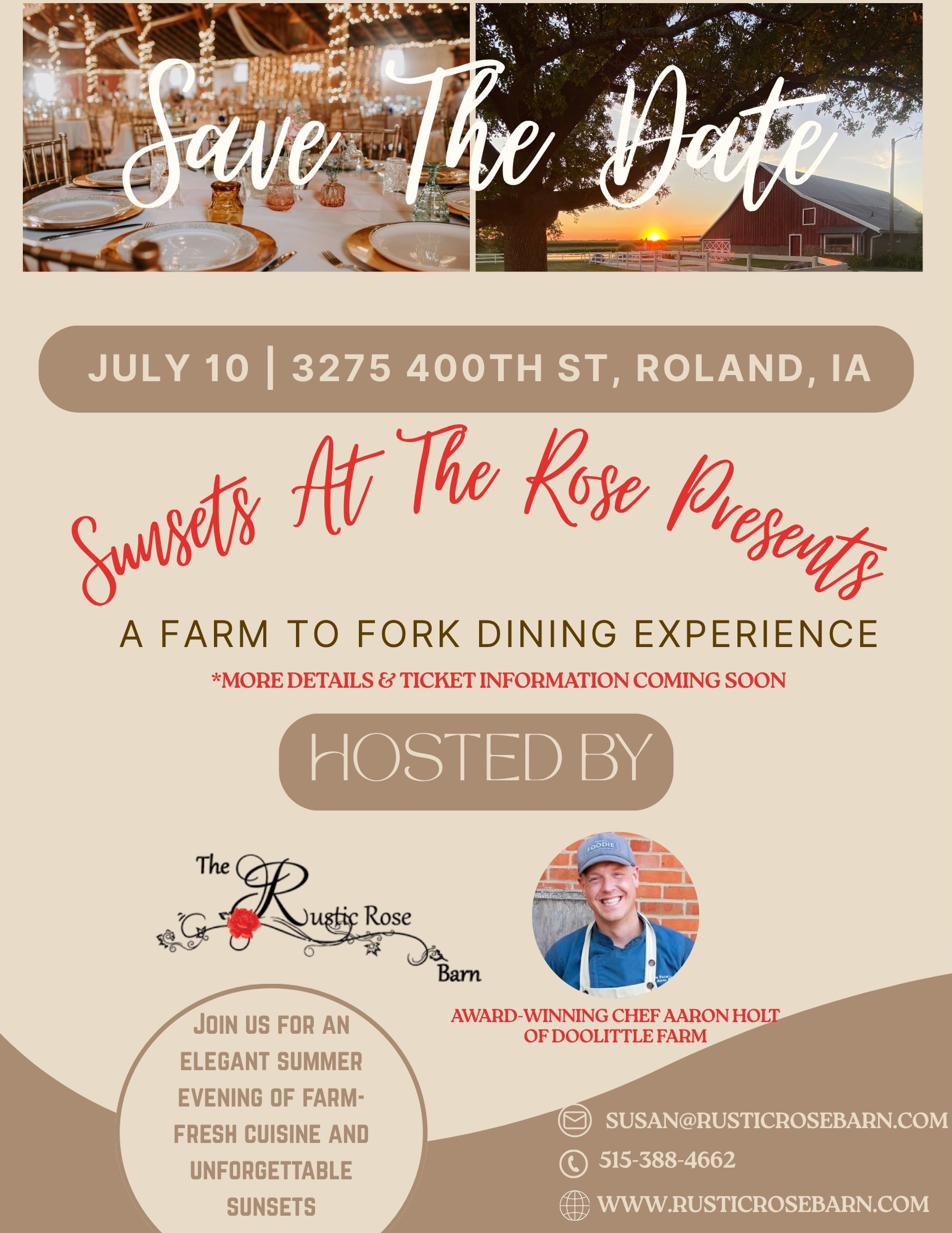 We’re excited to officially announce our upcoming Farm to Fork Dining Experience on July 10 at the Rustic Rose Barn! 🌾✨
Join us for an unforgettable summer evening featuring farm-fresh cuisine crafted by award-winning Chef Aaron Holt of Doolittle Farm @cateringbydoolittlefarm, beautiful sunsets, and a one-of-a-kind dining experience in the countryside.🤍
This is your official save the date — more details regarding tickets, live music, menu sneak peeks, and the full evening experience will be coming soon!🎟️🎉
We can’t wait to share more with you. 🌿🍷🌅