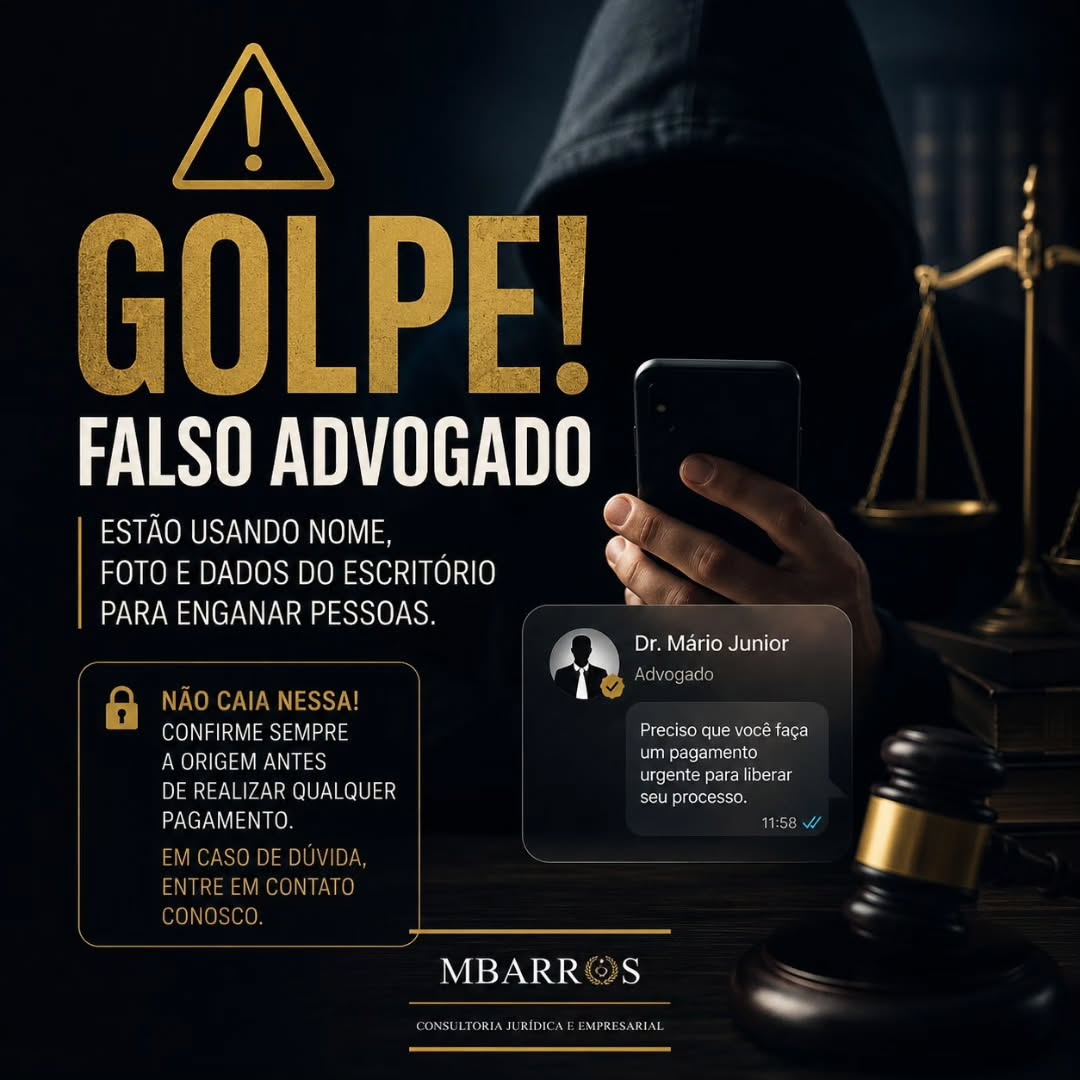 ⚠️ ALERTA DE GOLPE
Identificamos tentativas de fraude por meio de mensagens de WhatsApp enviadas por pessoas que estão se passando pelo Dr. Mario Junior e utilizando indevidamente o nome e a imagem do escritório para obter informações e solicitar pagamentos.
Reforçamos que:
• Não solicitamos pagamentos em contas de terceiros;
• Não pedimos transferências urgentes via WhatsApp;
• Não compartilhe dados pessoais ou processuais sem confirmar a autenticidade do contato.
Quando há necessidade de recolhimento de custas processuais, nosso escritório encaminha exclusivamente por e-mail as guias oficiais:
• GRERJ – Guia de Recolhimento do Estado do Rio de Janeiro;
• GRU – Guia de Recolhimento da União.
Caso receba qualquer mensagem suspeita, não realize pagamentos e entre imediatamente em contato conosco pelos canais oficiais.
Compartilhe este aviso para ajudar a evitar novas vítimas.
.