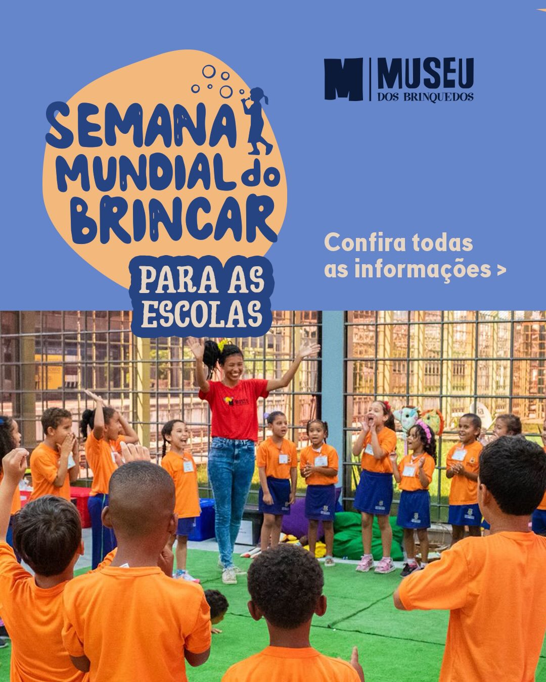 A Semana Mundial do Brincar com o MuBrinc tem duas programações pensadas especialmente para as escolas, que são uma parte tão importante da infância e aliadas ao incentivo do brincar. 🏫🎉
Nos dias 25 e 28, o espetáculo Menina Nuvem, uma aventura sem wi-fi chega ao Teatro Francisco Nunes em sessões exclusivas para escolas e traz uma reflexão lúdica sobre o excesso de telas e a importância da brincadeira.
De 26 a 30, apresentamos a Blitz Brincante: o MuBrinc invade os recreios com brincadeiras coletivas tradicionais, transformando o intervalo escolar em um grande momento de movimento, alegria e convivência.
Sua escola quer participar? Entra em contato com a gente! 📞 (31) 99678-3965
O Museu dos Brinquedos conta com o patrocínio da Cemig, por meio da Lei Estadual de Incentivo à Cultura de Minas Gerais, e com o apoio do Instituto Unimed-BH e do Instituto Marina e Flávio Guimarães – Grupo BMG, por meio da Lei Federal de Incentivo à Cultura, no projeto “2026 – Manutenção do Museu dos Brinquedos” (Pronac 254697); além das empresas Marcelo Guimarães Advogados e Associados e Decta Contabilidade. Realização: Governo de Minas Gerais – Aqui o TREM prospera, Ministério da Cultura e Governo Federal – União e Reconstrução.
@institutounimedbh @grupobmg.oficial @institutomfg_ @circuitoliberdade @prefeiturabh @culturaeturismomg
#SemanaMundialDoBrincar #MuBrinc #MuseuDosBrinquedos #BrincarNaEscola #BlitzBrincante MeninaNuvem BrincarÉDireito Educação Recreio