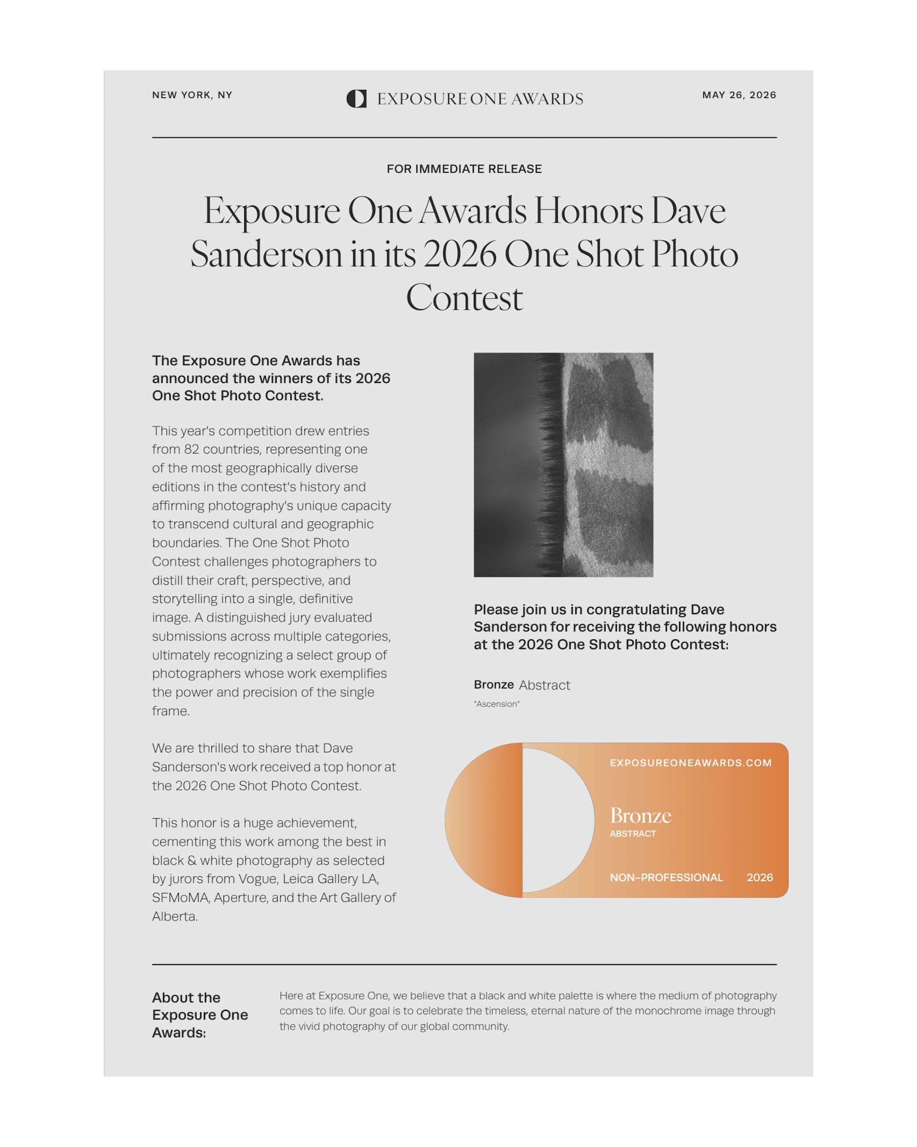 Huge thanks to the judges at the Exposure One Awards for selecting my image Ascension for a Bronze award in the 2026 One Shot Photo Contest.
When you look at the quality of photographers entering these competitions from all over the world, even getting shortlisted feels like a win, so to come away with a Bronze is something that’s genuinely special.
Massive respect as well to all the other entrants. Competitions like this are a reminder of how many insanely talented people are out there quietly creating incredible work while questioning their own work at 3:37am like the rest of us.
@exposureone.awards @canonanz #exposureoneawards #canonaus