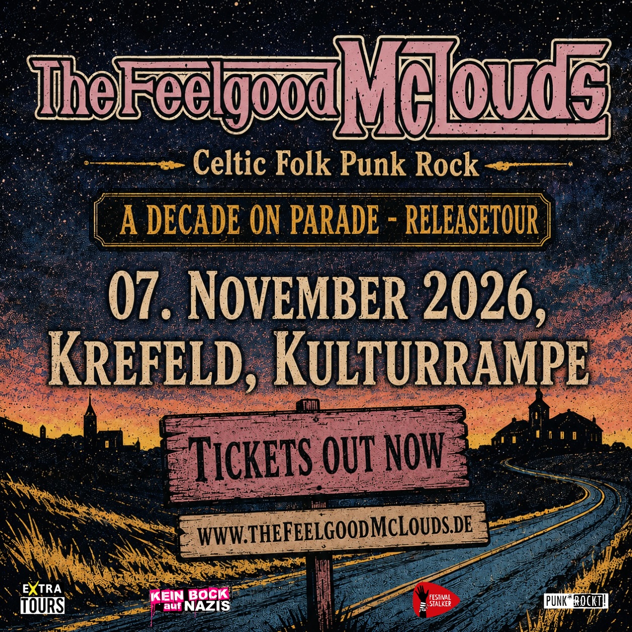 KREFELD, BEREIT FÜR 10 JAHRE ESKALATION? 🍻🍀🔥
Die The Feelgood McLouds kommen in die Kulturrampe Krefeld! Wer Bock auf feinsten Celtic Punkrock und einen schweißtreibenden Pogopit auf engstem Raum hat, darf diesen Abriss nicht verpassen.
Die Jungs feiern ihr 10-jähriges Bandjubiläum und bringen ihr brandneues Album „A Decade On Parade“ live auf die Bühne der Rampe! Spätestens seit ihrem Gig auf dem Wacken Open Air und ihrem Song-Feature in der Netflix-Serie „House Of Guinness“ ist klar: Diese Band live zu sehen, ist ein absolutes Muss. 🎸🪕
Die Kulturrampe wird kochen – singt euch die Seele aus dem Leib und feiert mit uns!
📅 Wann: 7. November 2026
📍 Wo: Kulturrampe, Krefeld
🕒 Einlass / Beginn: 19.00 Uhr / 20.00 Uhr
🎟️ Tickets: Sichert euch schnell eure Karten über den Link in unserer Bio oder direkt an der Theke!