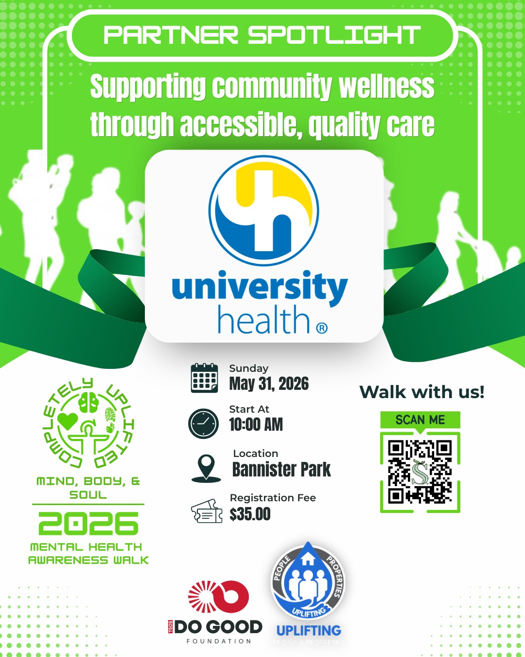 We’re proud to welcome University Health as a partner for our 2nd Annual “Completely Uplifted: Mind, Body & SOUL” Mental Health Awareness Walk 💚
Their team will be onsite providing valuable information and resources from their Behavioral Health and Recovery Health Services programs, helping connect our community to support, healing, and care.
Mental health matters, and access to resources can change lives. We’re grateful for partners like University Health who are helping us make sure individuals and families know they are not alone.
📍 Bannister Park
📅 Sunday, May 31, 2026
⏰ 10:00 AM
Let’s continue breaking stigmas, building community, and uplifting one another together.
#CompletelyUplifted #MentalHealthAwareness #DoGood365 #UniversityHealth #KansasCity