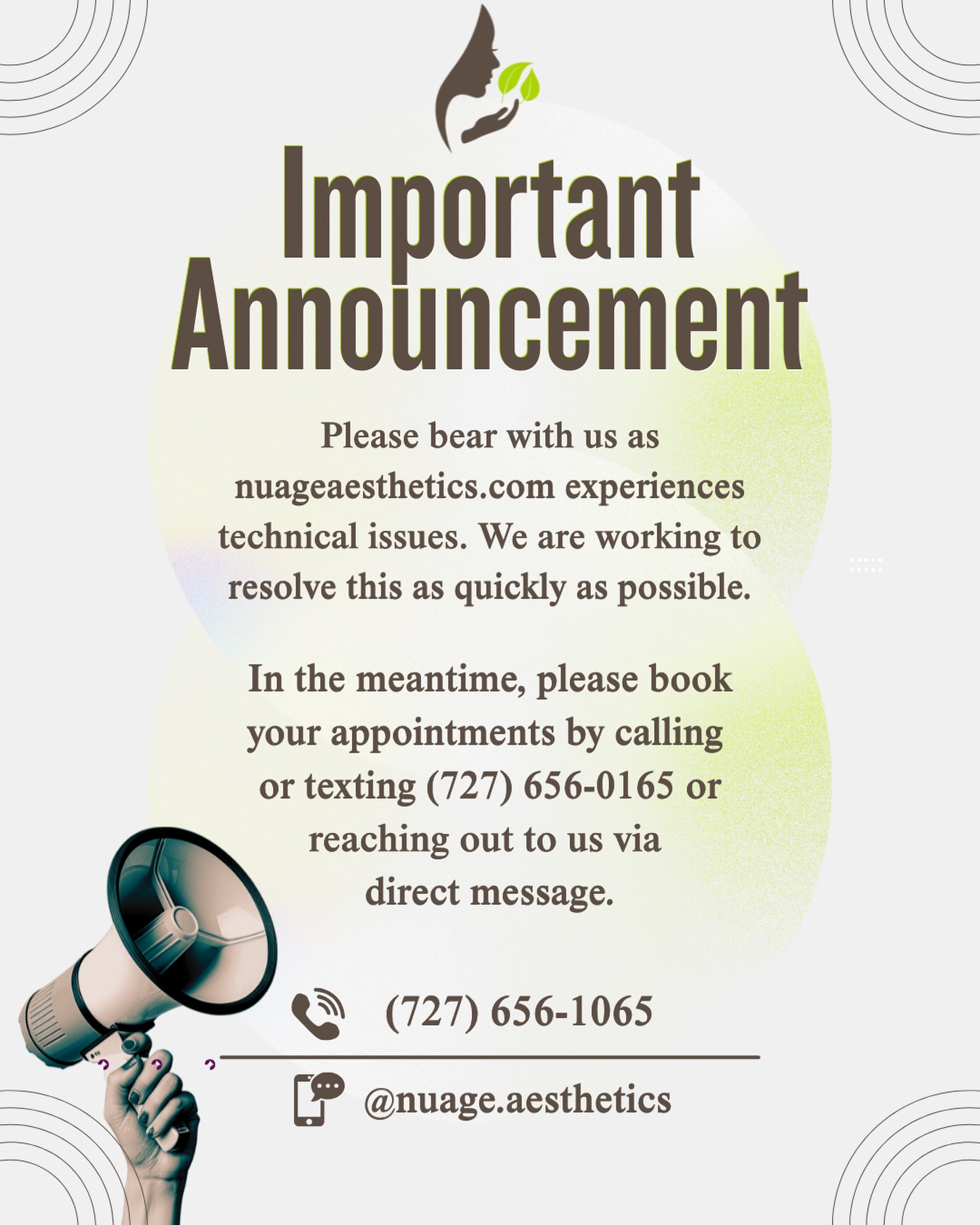 📣 Bad news: nuageaesthetics.com is temporarily down while we resolve technical issues.
🌼 Good news: You can still take advantage of our specials and book your appointment by calling or texting (727) 656-0165 or just shooting us a DM.
Have a fantastic week darlings, and stay tuned for more! 🫶