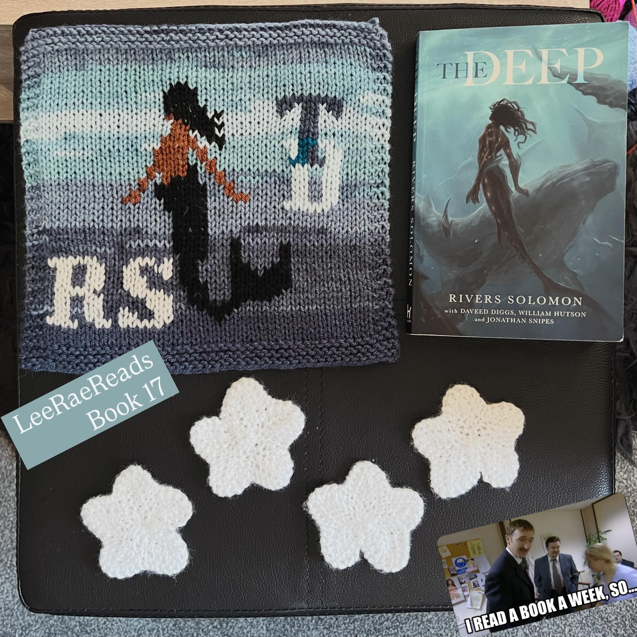 📕 BOOK 17 - The Deep by Rivers Solomon @rivers.solomon (with Daveed Diggs @daveeddiggs , William Hutson and Jonathan Snipes @jonat8han )
📖 After the offspring of pregnant African women thrown overboard during the slave trade adapt to life underwater, their aquatic descendants deal with a battle between cultural history and generational trauma versus personal identity and the sense of self.
💭 Length doesn’t equate to depth (that’s what she said), so this book wasn’t the ‘light reading’ it was originally recommended to me as. I wish I’d given it the focus and attention it deserved, because it hits on themes and imagery that take time to truly mull over. Beautifully insightful with captivating writing.
4 stars ⭐️ ⭐ ⭐️ ⭐️
🧶 Knitting Notes: 39x50 stockinette square with 4-row/3-stitch garter border and duplicate stitch details
#LeeRaeReads #52Books1Year #biblioblanket @lee_raerae