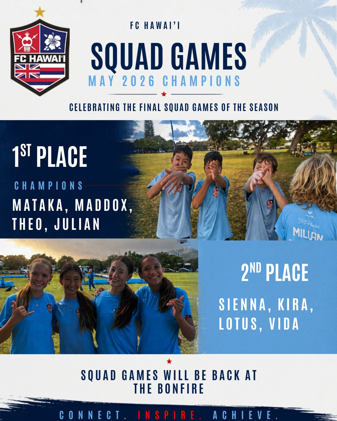 At FC Hawaiʻi, Squad Games are built around small-sided games. With fewer players on the field, every player gets more touches, more decisions, and more opportunities to solve problems in real game situations. It's one of the most effective ways to develop confidence, game understanding, and a love for playing.
Congratulations to our final champions of the year and mahalo to all the players, coaches, and families who made Squad Games such a special part of the year.
Connected in aloha. Inspired through leadership. Achieving through development. 💙❤️
#FCHawaii #SquadGames #PlayerDevelopment #ConnectInspireAchieve
