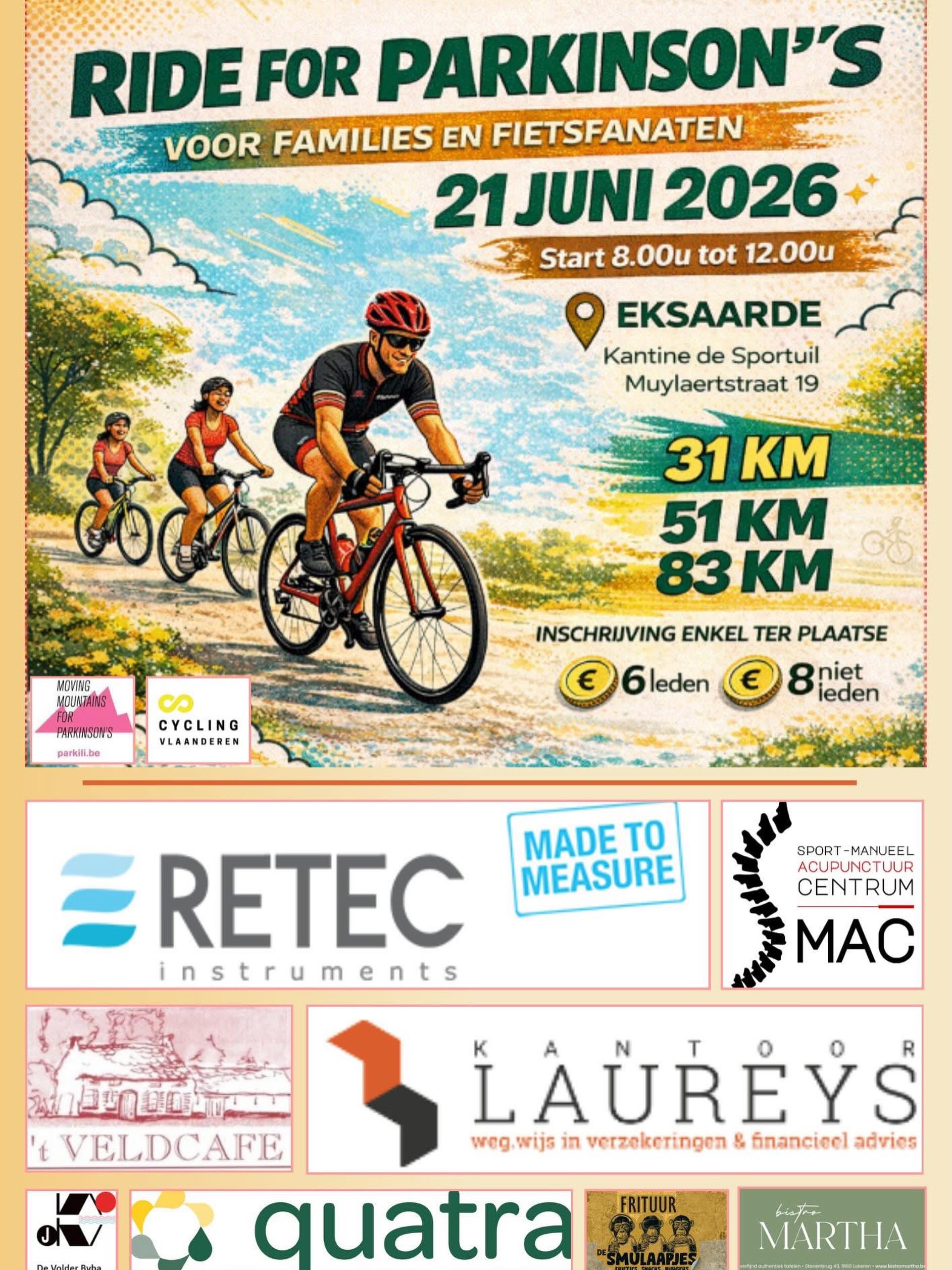 🚴♀️ RIDE FOR PARKINSON’S 2026 🚴♂️
Op zondag 21 juni trekken we opnieuw de fiets op voor een sportieve én warme dag ten voordele van mensen met parkinson 🙌🏻
Het wordt een prachtige fietstocht vanuit Eksaarde, met afstanden van 31 km, 51 km of 83 km. Iedereen is welkom: gezinnen, recreatieve fietsers en sportieve kilometervreters.
Door deel te nemen steun je niet alleen een mooi initiatief, maar toon je ook je solidariteit met iedereen die dagelijks leeft met parkinson. Bewegen is immers één van de krachtigste hulpmiddelen om de symptomen aan te vechten 🤛🏻
📅 Zondag 21 juni 2026
📍 Kantine De Sportuil, Eksaarde
⏰ Start tussen 8u00 en 12u00
🚴 31 km • 51 km • 83 km
Wij van Parkili kijken er alvast naar uit om jullie te ontmoeten langs het parcours! Samen maken we het verschil 💌
Dank aan @peter.saey3 en alle vrijwilligers 💪🏼
#Parkili #RideForParkinsons #ParkinsonAwareness #movingmountains #parkinson