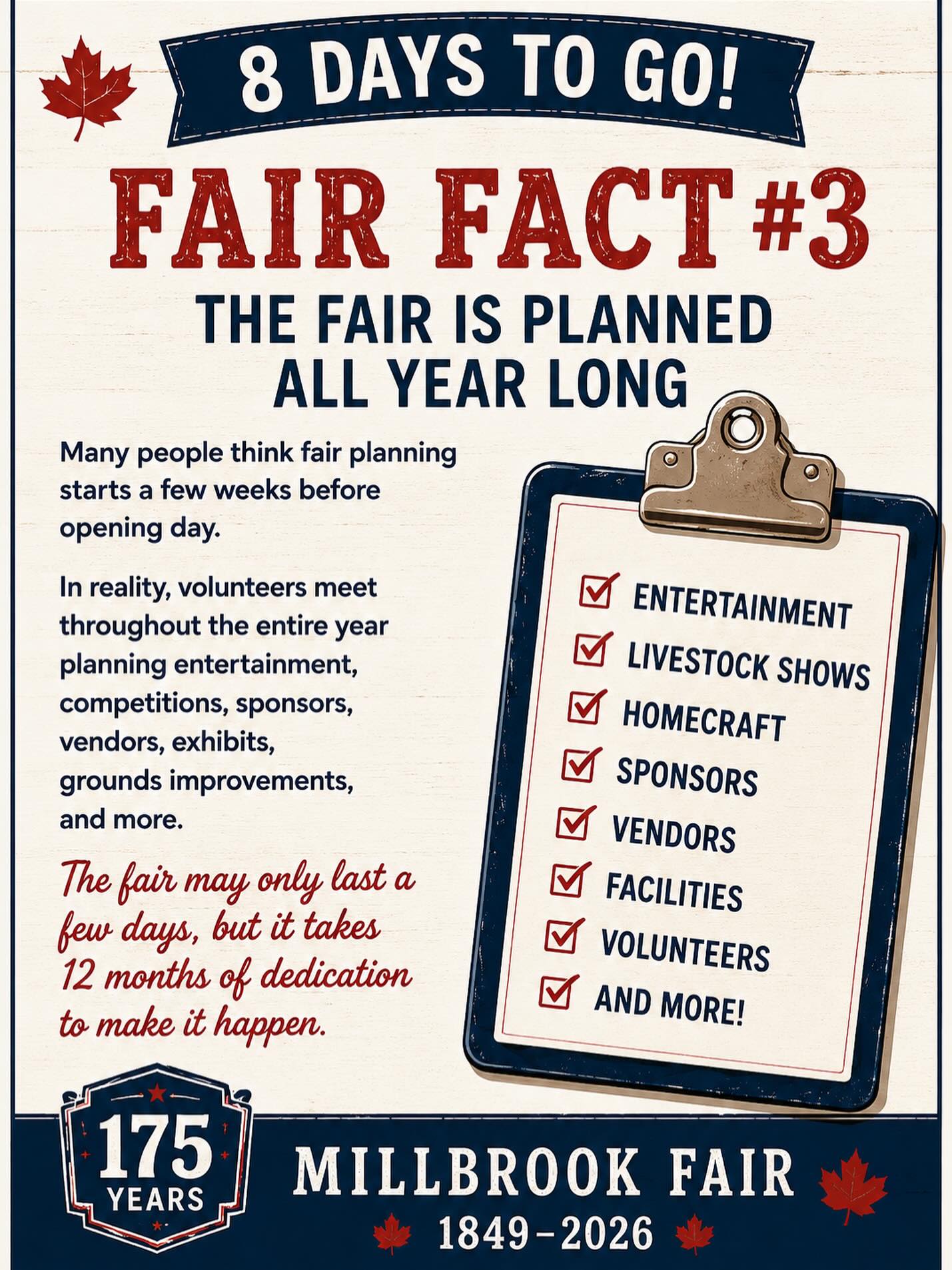 ๐กโณ FAIR FACT #3 โ THE FAIR IS PLANNED ALL YEAR LONG! โณ๐ก
With just 8 days to go, hereโs a behind-the-scenes look at what it takes to bring the Millbrook Fair to life!
Many people think fair planning begins a few weeks before opening day, but the reality is that our volunteers work year-round to make the fair happen. From booking entertainment and sponsors to organizing competitions, livestock shows, vendors, exhibits, grounds improvements, and so much more, planning never really stops.
The fair may last only a few days, but it takes 12 months of dedication from a passionate team of volunteers to create the experience our community enjoys each June.