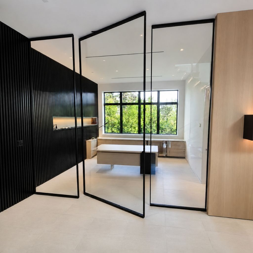 Custom oversized black steel pivot door system designed for a modern office.
▪ Custom oversized dimensions
▪ Slim black steel frame profiles
▪ Pivot door with fixed side panels
▪ Modern architectural design
▪ Custom fabricated to specification
#OfficeDesign
#CommercialInteriors
#OfficeArchitecture
#PivotDoor
#SteelDoors
#ArchitecturalDesign
#InteriorArchitecture
#ModernOffice
#CorporateInteriors
#WorkplaceDesign
#GlassPartitions
#SteelAndGlass
#CustomDoors
#ArchitecturalDetails
#LuxuryOffice
#ModernArchitecture
#InteriorDesign
#ArchitectsOfInstagram
#DesignInspiration
#CommercialDesign
