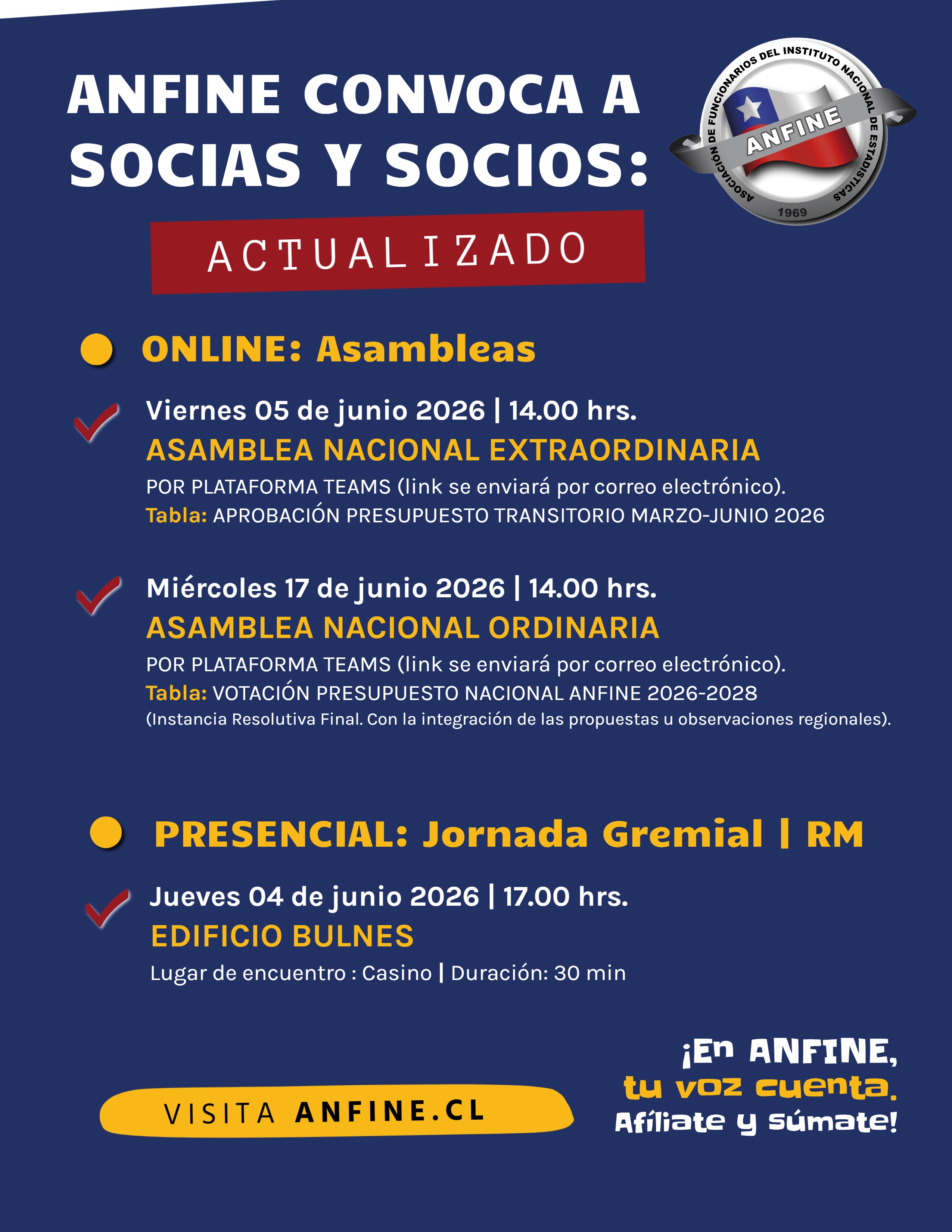 📢 Revisa el calendario actualizado de ANFINE con las próximas actividades programadas
📍 ANFINE invita a sus socias y socios a participar activamente en las próximas instancias gremiales, tanto online como presenciales, donde se abordarán materias relevantes para la organización y sus bases.
www.anfine.cl