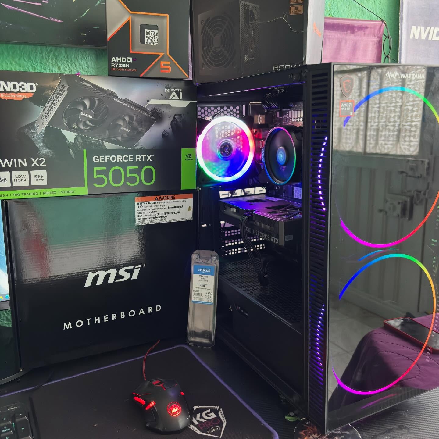 GamingTools# Ensamble
AMD# RYZEN 5 9600 COOLER STOCK
Board #MSI #B650 WIFI PRO
16 RAM 5600MHZ
650w ATLAS
@inno3d_global RTX 5050 8GB X2
@wattana 3 FANS VIDRIO FRONTAL LATERAL
USO GAMING