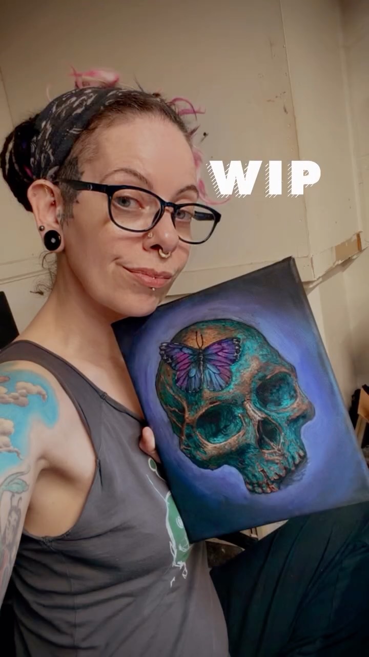 Late night painting at @hivegallery
I can see the finish line on this one 🤘💀🤘
Acrylic on canvas
.
.
.
#skullpainting #acrylicpainting #jinxedart #wip #butterfly