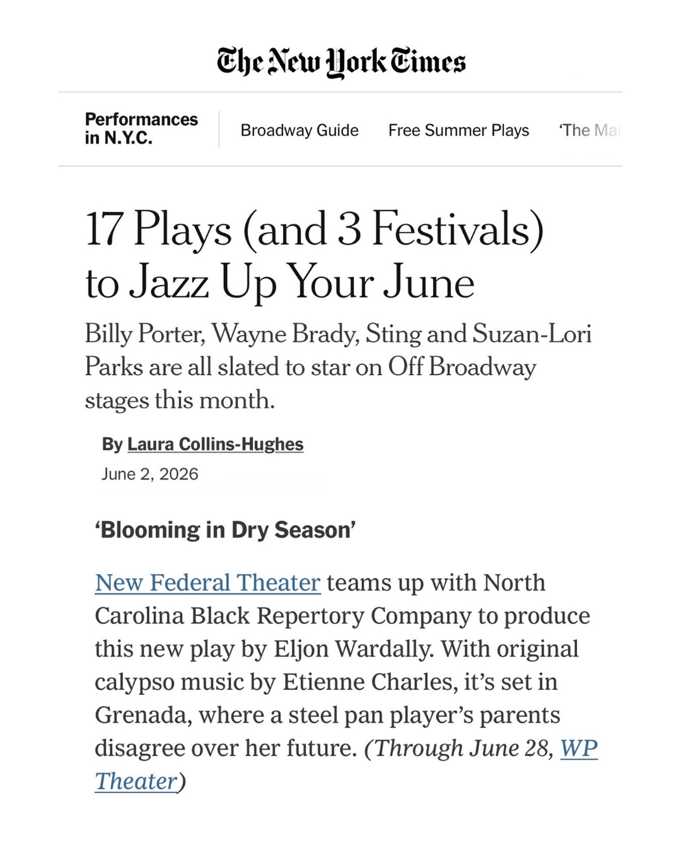 🔥 The New York Times says come see Blooming in Dry Season! 🔥
🌺 Caribbean stories are blooming.
We’re thrilled that Blooming in Dry Season has been named by The New York Times as one of the shows to watch this June. From the sounds of calypso to the ringing notes of the steelpan, this Grenadian family drama brings the heart of the Caribbean to the New York stage.
#bloomingindryseason #CaribbeanStories #Grenada #SteelPan Calypso NewFederalTheatre