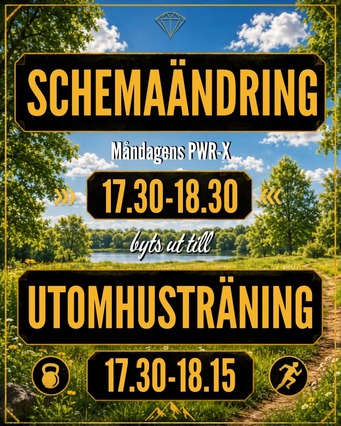 Innan sommaren bryter ut och vi alla går på semester passar vi på att byta ut måndagens PWR-X mot ett härligt utomhuspass.
Samma starttid: Måndag 17.30–18.15, samling loungen.
Vi kör träning ute i det fria med fokus på puls, styrka
och med naturen som redskap!
Hoppas vi ses! 💪☀️