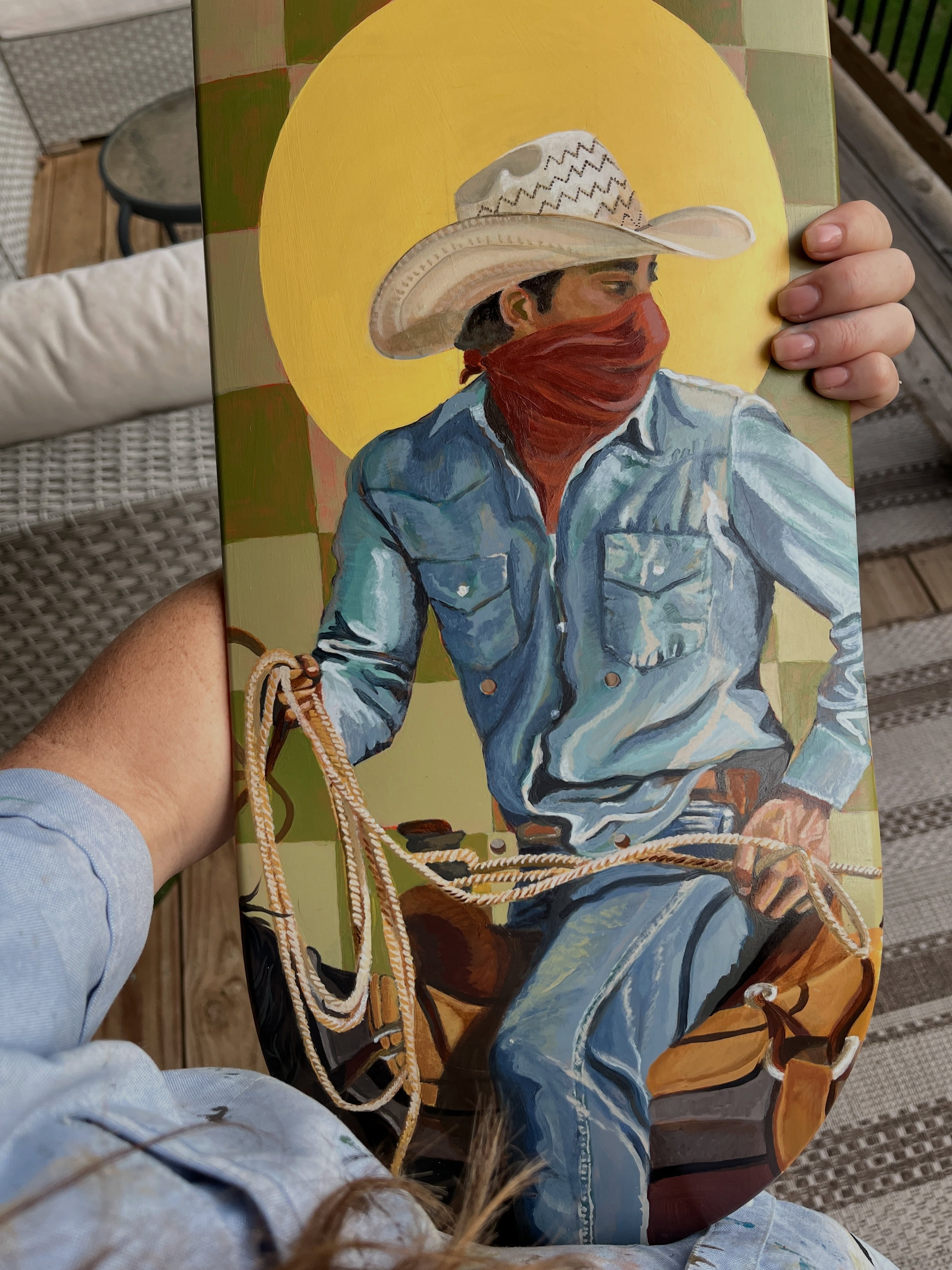 Have a swipe to see the each step in creating the first in a series of cowboys on skateboards. 🤠 🛹
My first western paintings (2022) were a trio of mini acrylic portraits on paper called “Deputy,” “Sheriff,” and “The Law.” 🏜️ “Sheriff” lives on Ben’s nightstand and “The Law”—the only female in the trio— was gifted to my sassy Aunt Susie.
What name would you give this cowboy?