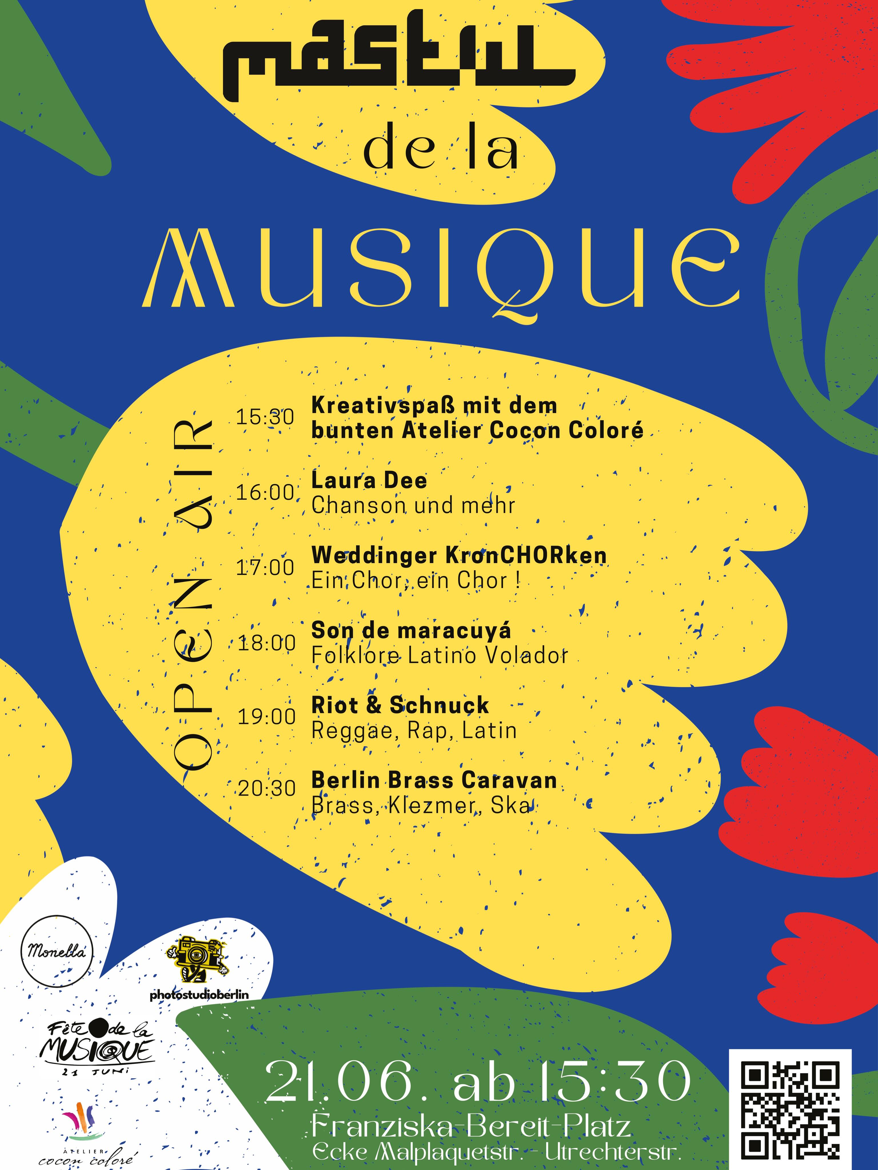 🎨🌈 Fête de la Musique im Wedding – wir sind dabei!
Ab 15:30 Uhr lädt das Atelier Cocon Coloré zum großen Kreativspaß für Groß und Klein ein. Gemeinsam malen, gestalten, lachen, spielen, tanzen und die wunderbare Atmosphäre der kürzesten Nacht des Jahres genießen🎨✨🎵
Freut euch auf tolle musikalische Begleitung, jede Menge Farben und einen Nachmittag voller guter Laune.
🖌️ Kommt vorbei und malt mit uns!
💛 Alle sind willkommen!
#FeteDeLaMusique #Wedding #AtelierCoconColore #KreativSpaß #BerlinWedding 🌈🎶
