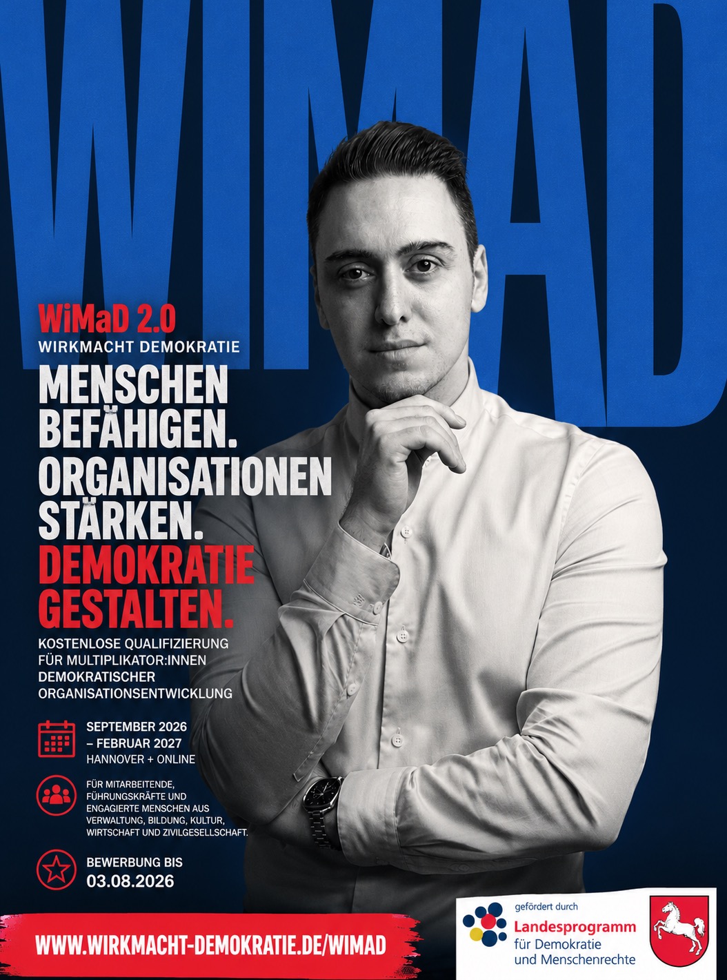 Was erwartet dich bei WiMaD 2.0?
WiMaD bringt Menschen zusammen, die Demokratie, Vielfalt und Zusammenhalt in ihren Organisationen aktiv gestalten möchten.
Freu dich auf:
🔹 Demokratische Organisationsentwicklung
🔹 Diversität und diskriminierungssensible Strukturen
🔹 Awareness und Schutzkonzepte
🔹 Kommunikation und Konfliktkompetenz
🔹 Umgang mit Veränderungsprozessen
🔹 Austausch, Vernetzung und gegenseitige Unterstützung
🔹 Praxisnahe Methoden für den eigenen Arbeitsalltag
🔹 Eine starke Community engagierter Multiplikator:innen
📍 Hannover & Online
📅 September 2026 bis Februar 2027
💶 Teilnahme kostenlos
⏰ Bewerbung bis 03.08.2026
👉 http://www.WirkMacht-Demokratie.de/wimad
Wir freuen uns auf Menschen, die Verantwortung übernehmen und Organisationen aktiv mitgestalten möchten.
#WiMaD
#WirkmachtDemokratie
#Demokratie
#Organisationsentwicklung
#Diversität
#Awareness
#Demokratieförderung