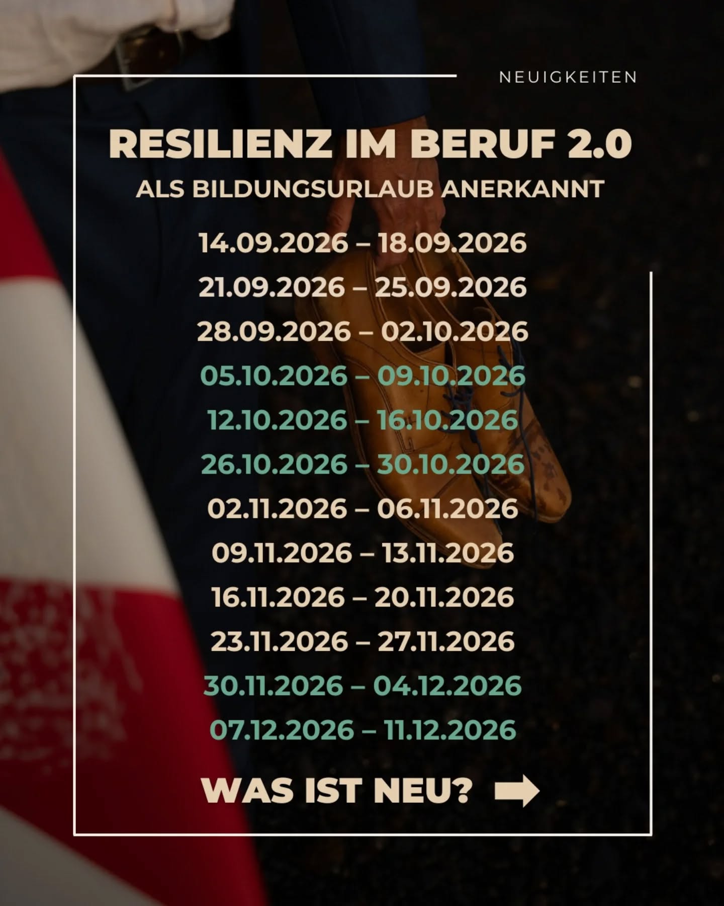 Bildungsurlaub "Resilienz im Beruf 2.0" ist jetzt offiziell anerkannt. đ
Neue RĂ€ume. Neuer Block im Stundenplan. Dieselbe Ăberzeugung: Echte VerĂ€nderung entsteht auĂerhalb der Komfortzone.
Eine Woche Surfen, Yoga, moderierte Praxisreflexion und wissenschaftlich fundierte Methoden â damit du nicht nur weiĂt, wie Resilienz funktioniert, sondern sie wirklich lebst.
đ Link in Bio oder einfach DM.
#resilienz #bildungsurlaub #oceanfusedtraining #stressmanagement #beruflicheweiterbildung