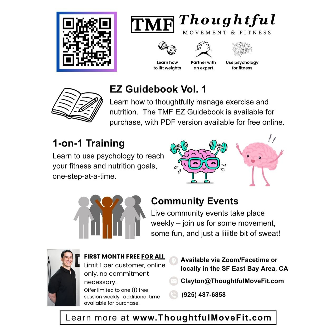 TMF offers a bunch of resources to help you get moving in the right direction.
The EZ Guidebook is available for purchase, with the PDF available for free online for all to access (no gatekeeping or paywall).
1-on-1 training services are available, including an introductory offer of one (1) free month of online training, per person.
Join us on for weekly community events! Events include group Zoom meetings (every other Wednesday) and the Gamer Fitness livestream, where we choose a video game and, as a community, build movement into the play session in a way that let's us get exercise while playing.
Go to www.ThoughtfulMoveFit.com to learn more!