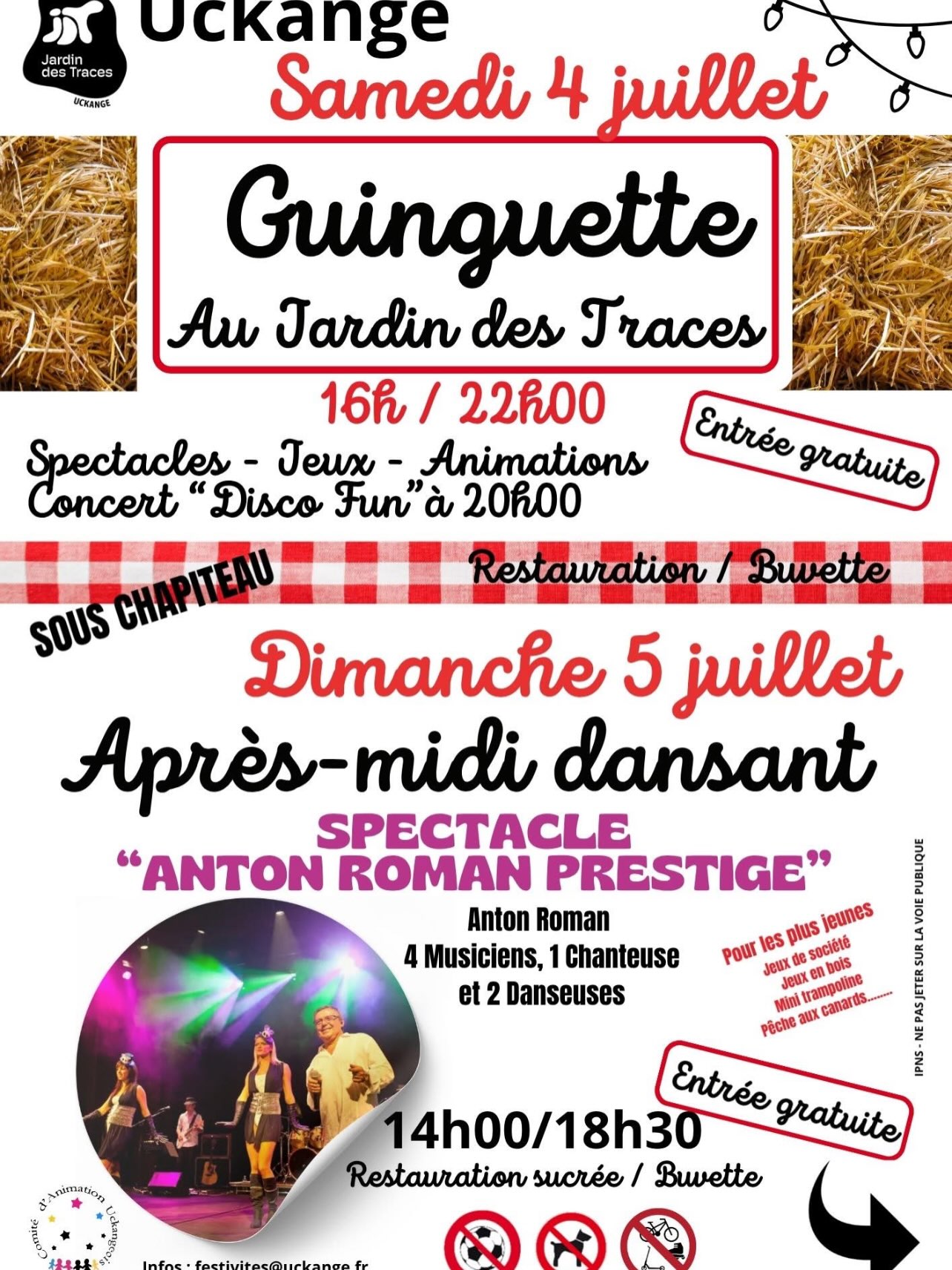 Le Jardin des Traces en Fête !!!🎉🎤
Plongez dans l’ambiance des années 70/80 le temps d’un week-end
Au programme :
Samedi 4 juillet 2026 de 16h à 22h
Spectacles en plusieurs passages sous chapiteau couvert
* 👩🎤Charline ROMANO et son répertoire « Belle époque » accompagnée par son musicien
* 🕶️Spectacle « Les filles se la jouent rétro »
* 🪄Le coffre magique de Lord Martin (Magie)
* ✏️Laissez-vous croquer en quelques coups de crayon par un caricaturiste et repartez avec un souvenir unique et plein d’humour
* 🎙️A 20h15 SHOW AVEC LE GROUPE « DISCO FUNK »💿
Place à la musique légendaire des années 70 et à la danse sur les plus grands tubes !!!!!
Dimanche 5 juillet 2026 :
🎼Après-midi dansant et chantant de 14h à 18h30 avec
ANTON ROMAN ET SON ORCHESTRE « PRESTIGE »💃
Tout au long du week-end animations avec :
* Jeux géants en bois avec Ludovic
* Jeux de société avec « La guilde »
* Pêche aux canards - Trampoline........🥳
Restauration & buvette assurées tout le week-end par le CAU et son équipe de bénévoles !!! Le Food Truck ROOST le samedi
📌ENTREE GRATUITE
VENEZ NOMBREUX POUR UN WEEK-END FESTIF ET CONVIVIAL EN FAMILLE OU ENTRE AMIS🥳