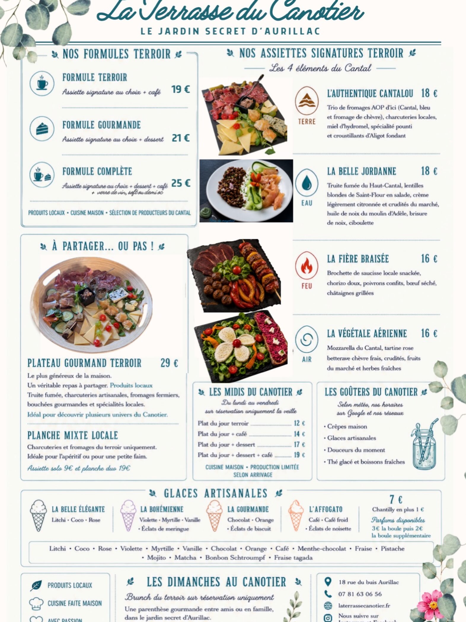 Ça y est… elle est enfin arrivée ! 🌿
Après plusieurs mois de réflexion, de rencontres avec des producteurs locaux et de nombreux essais en cuisine, nous sommes fiers de vous dévoiler la nouvelle carte de La Terrasse du Canotier.
Une carte qui raconte notre territoire, met en lumière nos producteurs et célèbre les saveurs du Cantal.
🔥💧🌱⛰️
Nous avons imaginé 4 assiettes signatures inspirées des 4 éléments du Cantal :
⛰️ L’Authentique Cantalou
Le terroir dans toute sa générosité : trio de fromages AOP, charcuteries artisanales, miel d’hydromel, pounti et croustillants d’aligot fondant.
💧 La Belle Jordanne
Une assiette fraîche et légère autour de la truite fumée du Haut-Cantal, des lentilles blondes de Saint-Flour, d’une crème légèrement citronnée, d’huile de noix et de crudités du marché.
🔥 La Fière Braisée
Une assiette de caractère avec sa brochette de saucisse locale snackée, son chorizo doux, son bœuf séché, ses poivrons confits et ses châtaignes grillées.
🌱 La Végétale Aérienne
Une assiette colorée et gourmande composée de mozzarella du Cantal, de tartine betterave & chèvre frais, de fruits du marché, de crudités et d’herbes fraîches.
🥂 Pour les plus gourmands, découvrez également notre Plateau Gourmand Terroir, un véritable repas à partager réunissant plusieurs univers de notre carte : truite fumée, charcuteries artisanales, fromages fermiers, spécialités locales et bouchées gourmandes.
☀️ Le midi, retrouvez également nos formules terroir et nos plats du jour maison préparés selon les arrivages. Sur réservation uniquement
🍨 L’après-midi, place aux glaces artisanales, crêpes, thé glacé maison et douceurs du moment.
🌿 Et chaque dimanche, profitez de notre brunch du terroir sur réservation.
Cette nouvelle carte marque une étape importante pour La Terrasse du Canotier : davantage de produits locaux, davantage de fait maison et toujours cette envie de vous faire découvrir le meilleur de notre territoire dans un cadre unique au bord de la Jordanne.
📞 Réservation au 07 81 63 06 56 ou sur laterrassecanotier.fr
📍 La Terrasse du Canotier
18 rue du Buis – Aurillac
Le jardin secret d’Aurillac vous attend 🌿