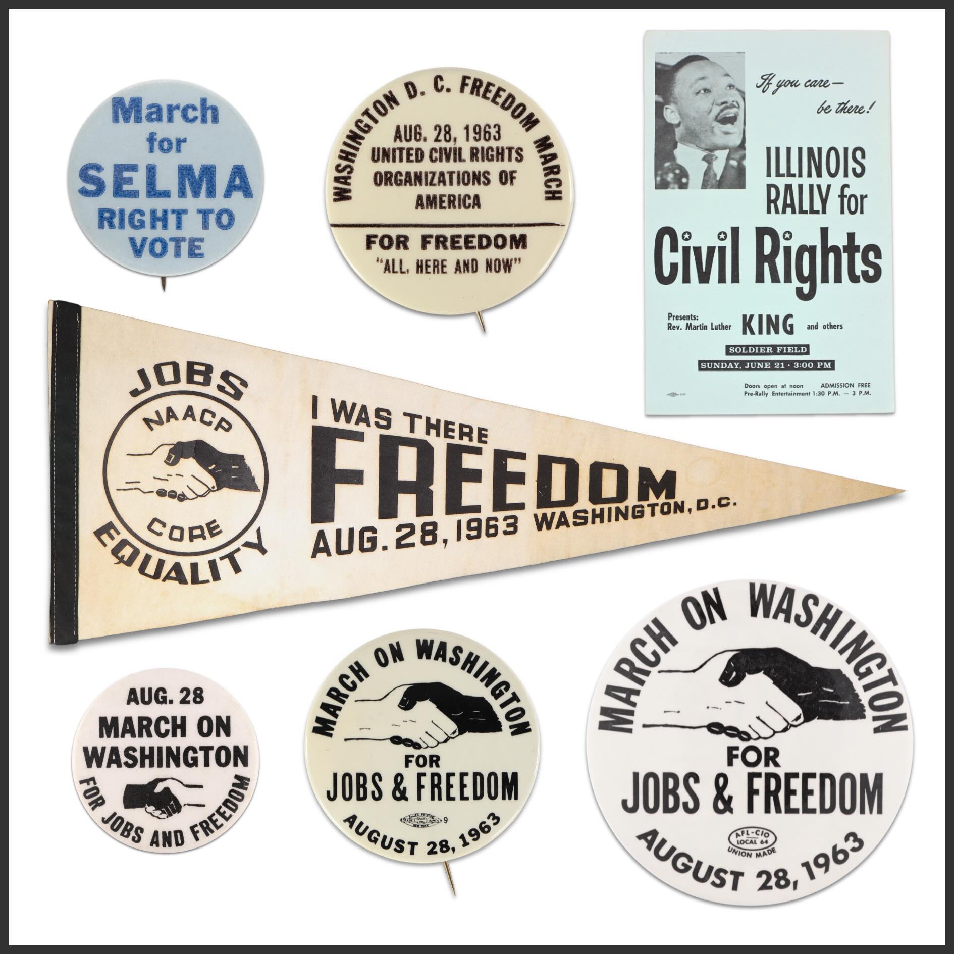 The countdown is on — with just two days remaining until the June 12 opening of Independence Unfolded: America at 250.
A remarkable selection of Civil Rights movement material documenting the visual culture of protest, activism, and political organizing during the 1960s. The group includes March on Washington buttons and pennants issued for the August 28, 1963 March on Washington for Jobs and Freedom, together with related Civil Rights ephemera associated with Martin Luther King Jr., voting rights activism, and the broader struggle for racial equality in America.
Bold in graphic design and immediate in message, objects of this kind transformed political conviction into material form, serving simultaneously as tools of activism, public declarations of solidarity, and enduring symbols of one of the defining social movements of twentieth-century American history.
Featured in the forthcoming catalog Independence Unfolded: America at 250, opening June 12.
#Gallery76Americana #CivilRights #MarchOnWashington #Americana #America250