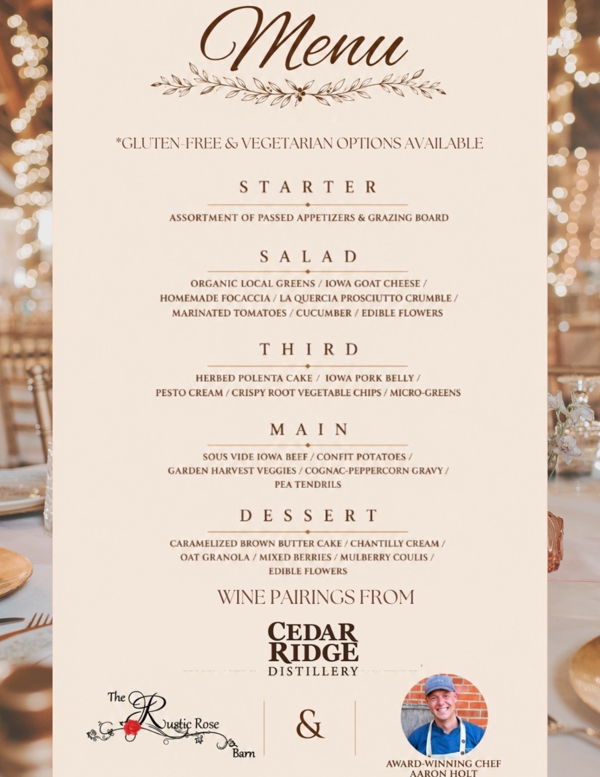 Here’s a little sneak peek of the delicious menu Chef Aaron Holt of Catering by Doolittle Farm @cateringbydoolittlefarm is preparing for our Farm to Fork Dinner this July 10! 🌿🍽️
We’re also excited to be partnering with Cedar Ridge Distillery @cedarridgeiowa for optional wine pairings! You will receive 2 drink tickets when you purchase your ticket.🍷
Need a gluten-free or vegetarian meal? No problem! Simply note your dietary preference when purchasing your ticket, and we’ll make sure you’re taken care of.🥰
Join us for an unforgettable evening of farm-fresh cuisine, local flavors, live music, and beautiful countryside views. We can’t wait to share this experience with you!🤍🥹
🎟️ Reserve your tickets today before they’re gone!
https://ticketscandy.com/e/sunsets-at-the-rose-presents-a-farm-to-fork-dining-experience-18239
